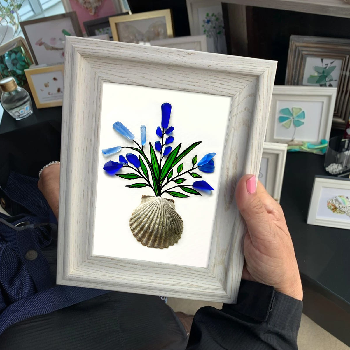 Blue Flower Bouquet Shell Vase Sea Glass Framed Art - image 0