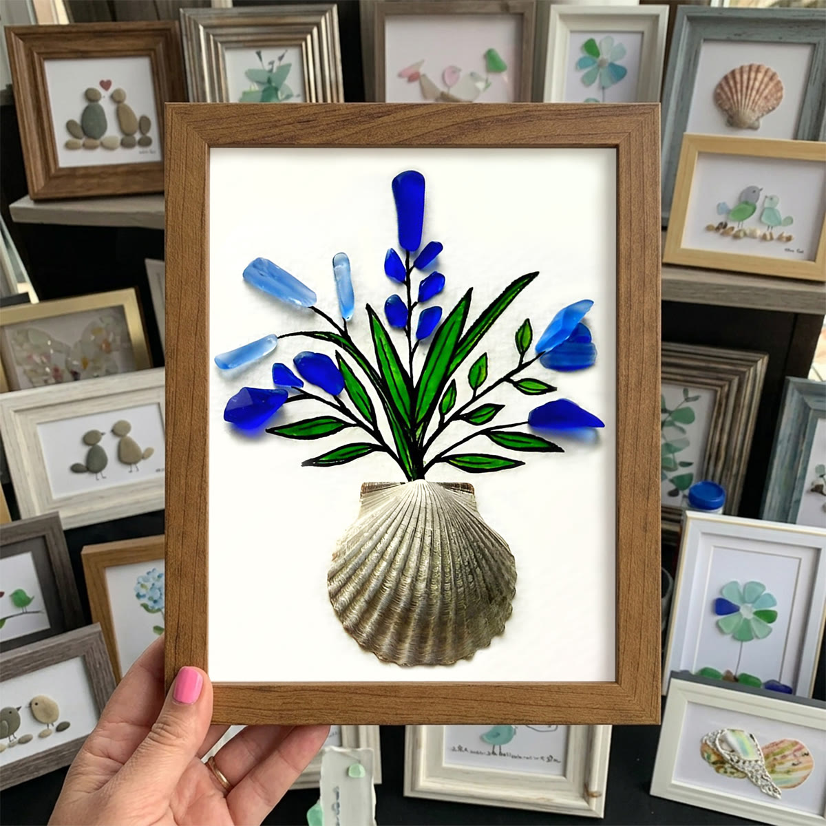 Blue Flower Bouquet Shell Vase Sea Glass Framed Art - Walnut Brown - 8" X 6" - image 7