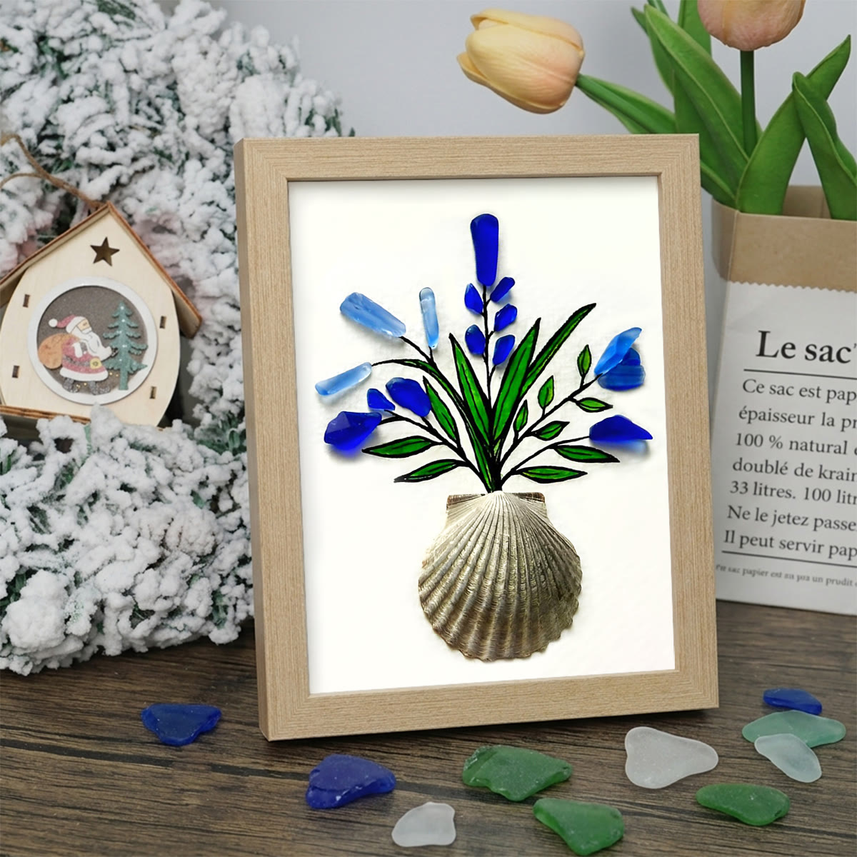 Blue Flower Bouquet Shell Vase Sea Glass Framed Art - Oak - 8" X 6" - image 6