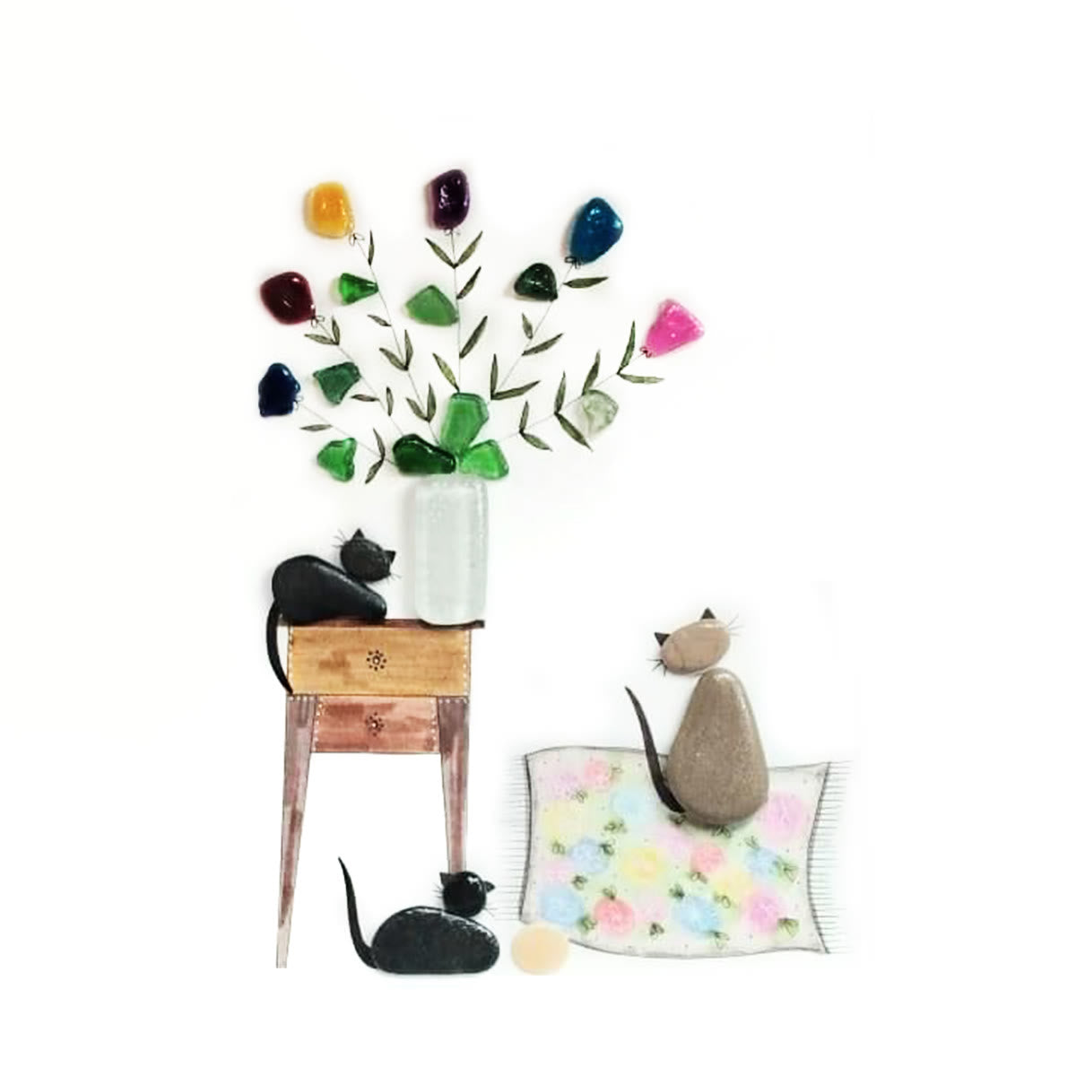 Cats & Flowers Bouquet Housewarming Sea Glass Framed Art - image 2