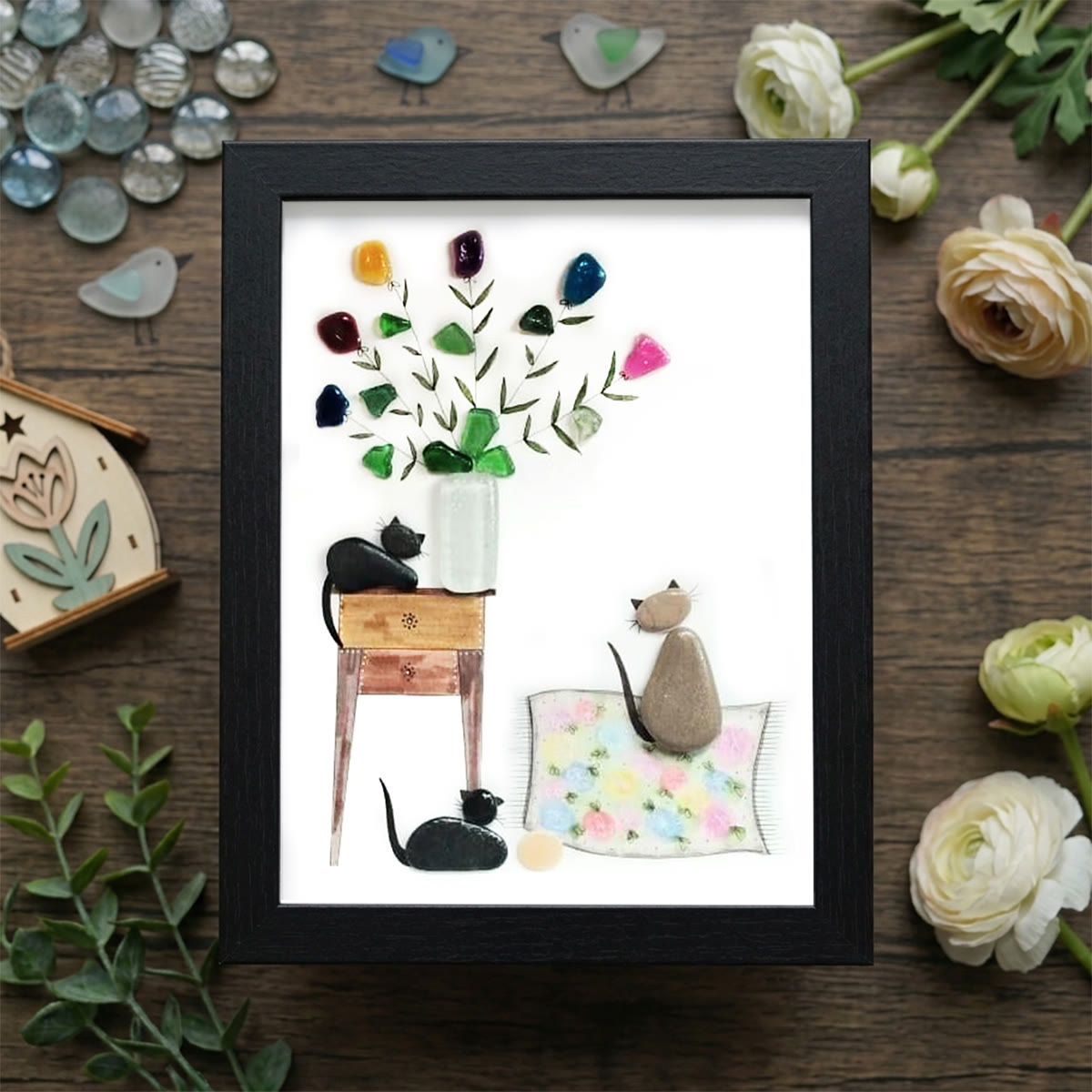 Cats & Flowers Bouquet Housewarming Sea Glass Framed Art - Black - 8" X 6" - image 8