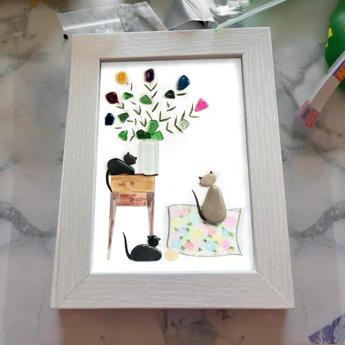 Cats & Flowers Bouquet Housewarming Sea Glass Framed Art - image 5