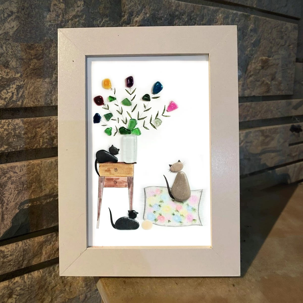 Cats & Flowers Bouquet Housewarming Sea Glass Framed Art - image 4