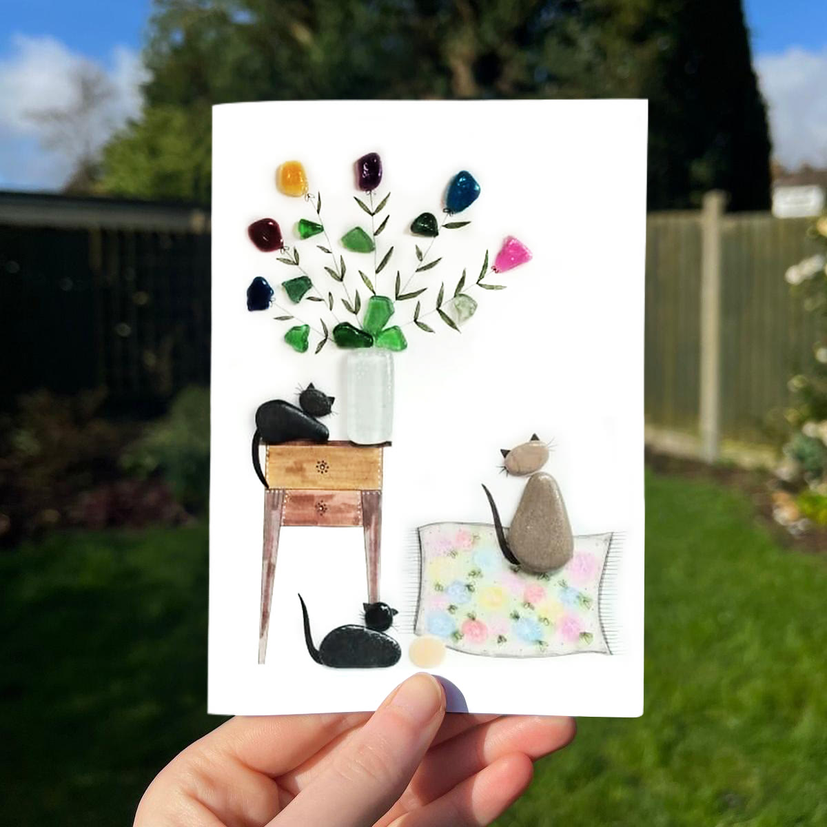 Cats & Flowers Bouquet Housewarming Sea Glass Framed Art - Seaglass Card - 8" X 6" - image 1
