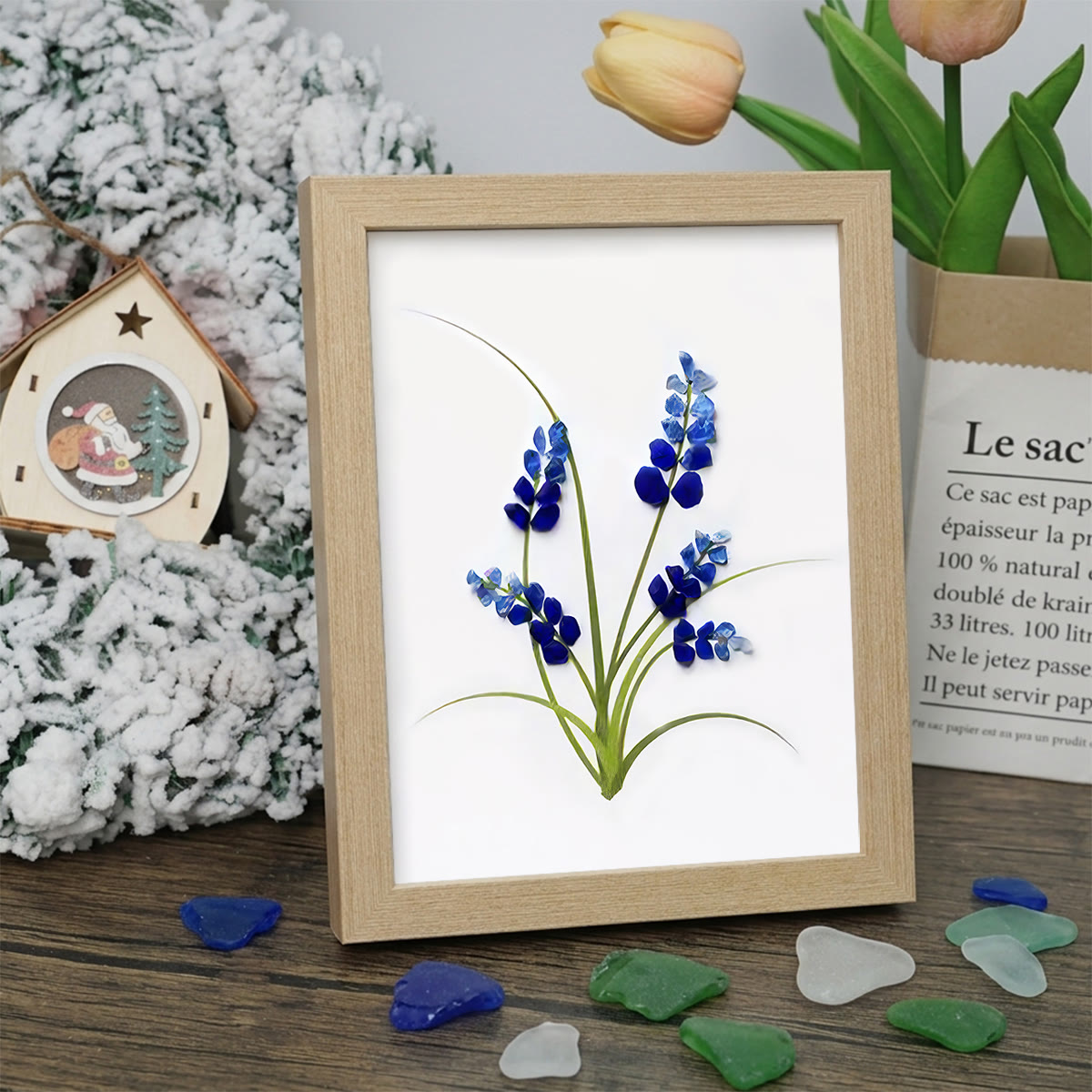 Minimalist Botanical Bluebonnet Sea Glass Framed Art - Oak - 8" X 6" - image 6