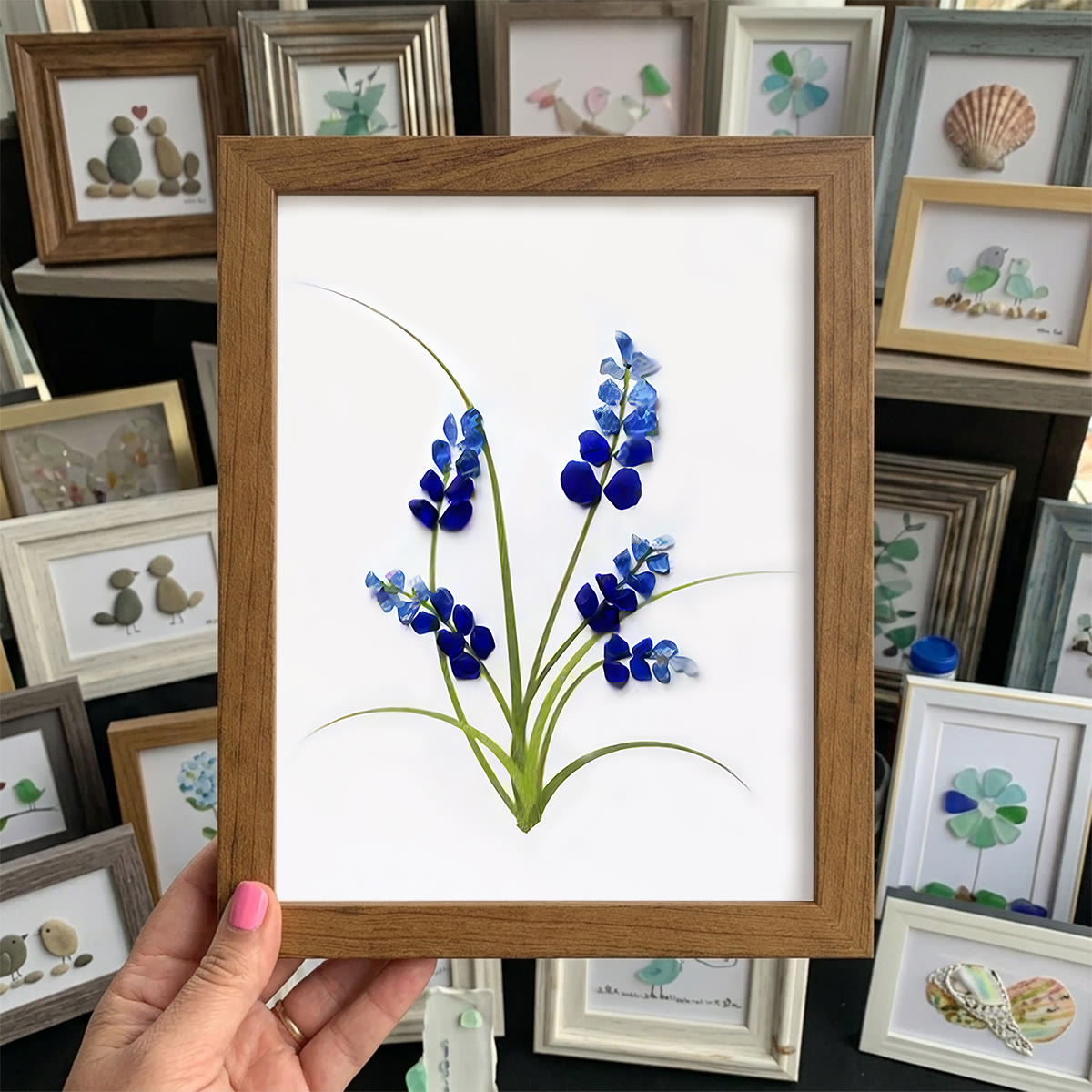 Minimalist Botanical Bluebonnet Sea Glass Framed Art - Walnut Brown - 8" X 6" - image 7
