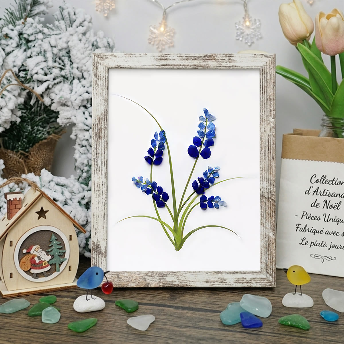 Minimalist Botanical Bluebonnet Sea Glass Framed Art - Retro White - 8" X 6" - image 10