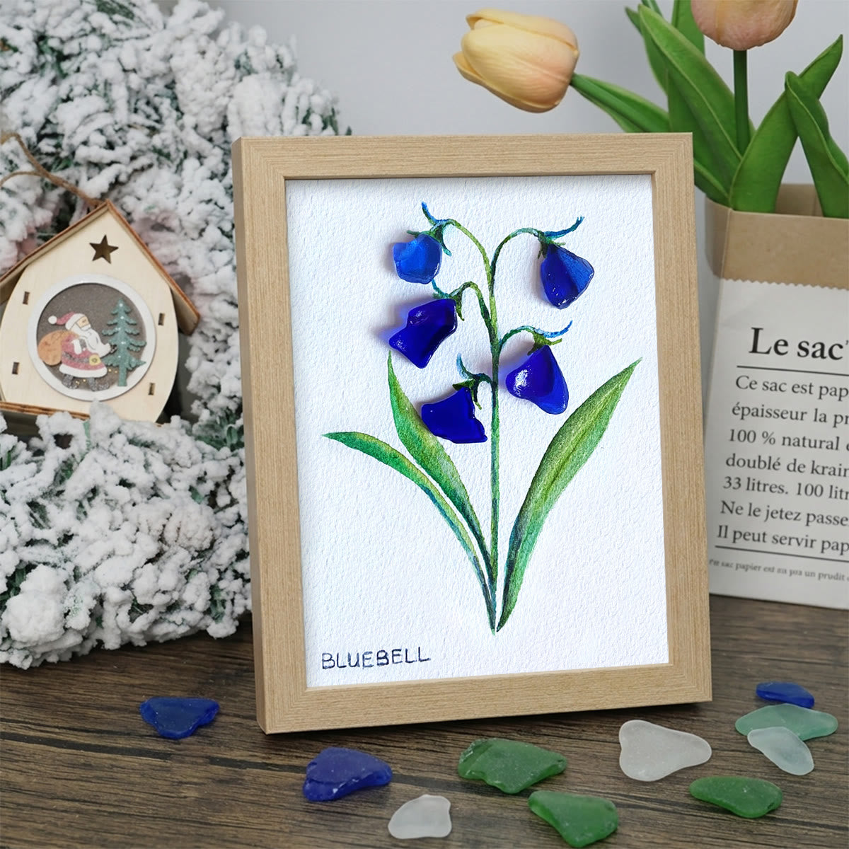 Farmhouse Calming Bluebell Sea Glass Framed Art - Oak - 8" X 6" - image 6
