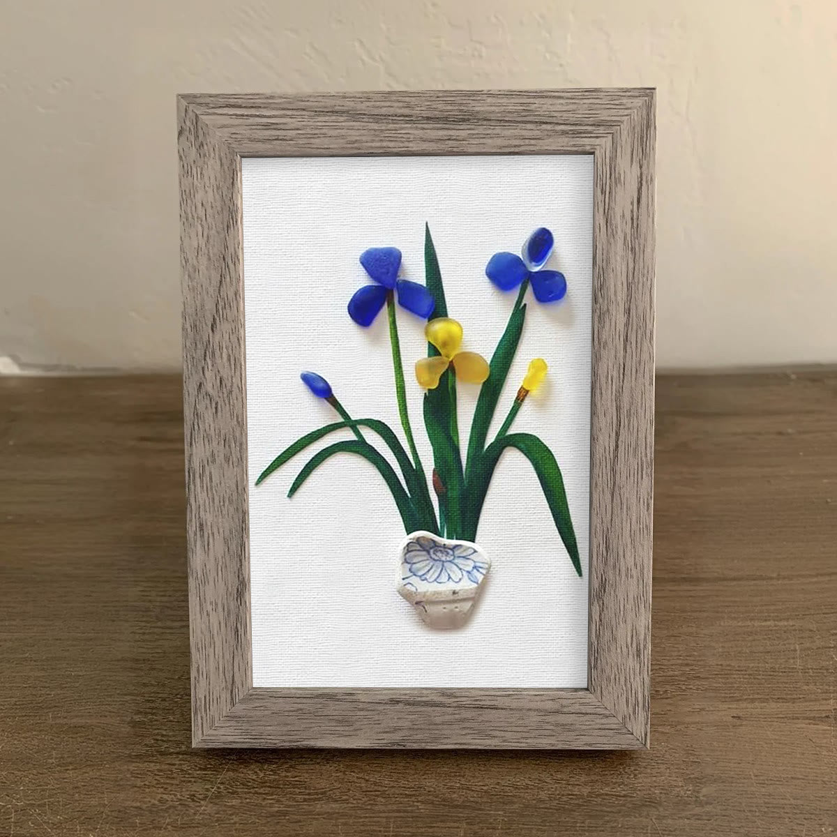 Blue & Yellow Iris Flower Sea Glass Framed Art - image 3