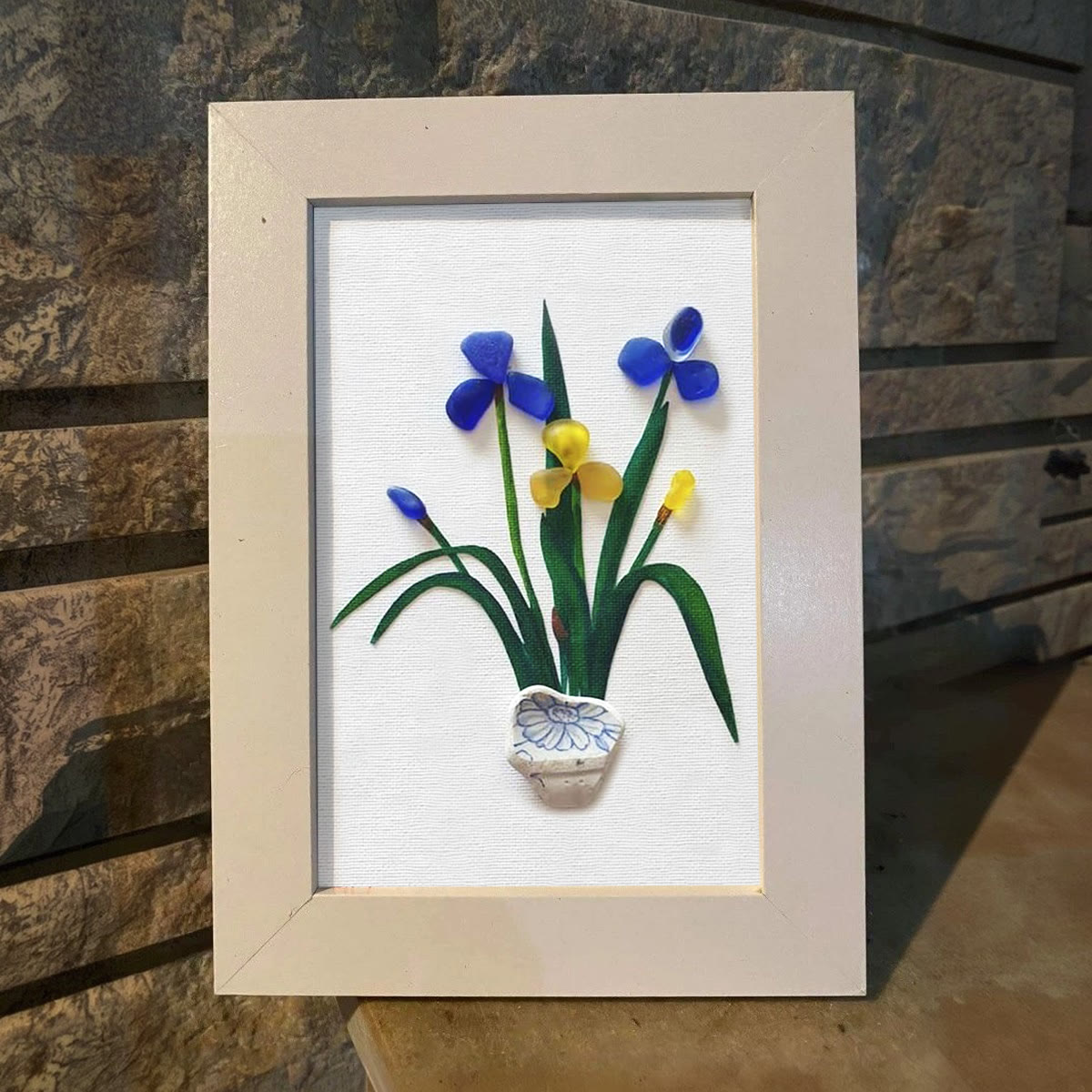 Blue & Yellow Iris Flower Sea Glass Framed Art - image 5