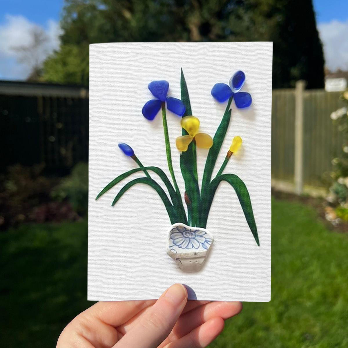 Blue & Yellow Iris Flower Sea Glass Framed Art - Seaglass Card - 8" X 6" - image 1