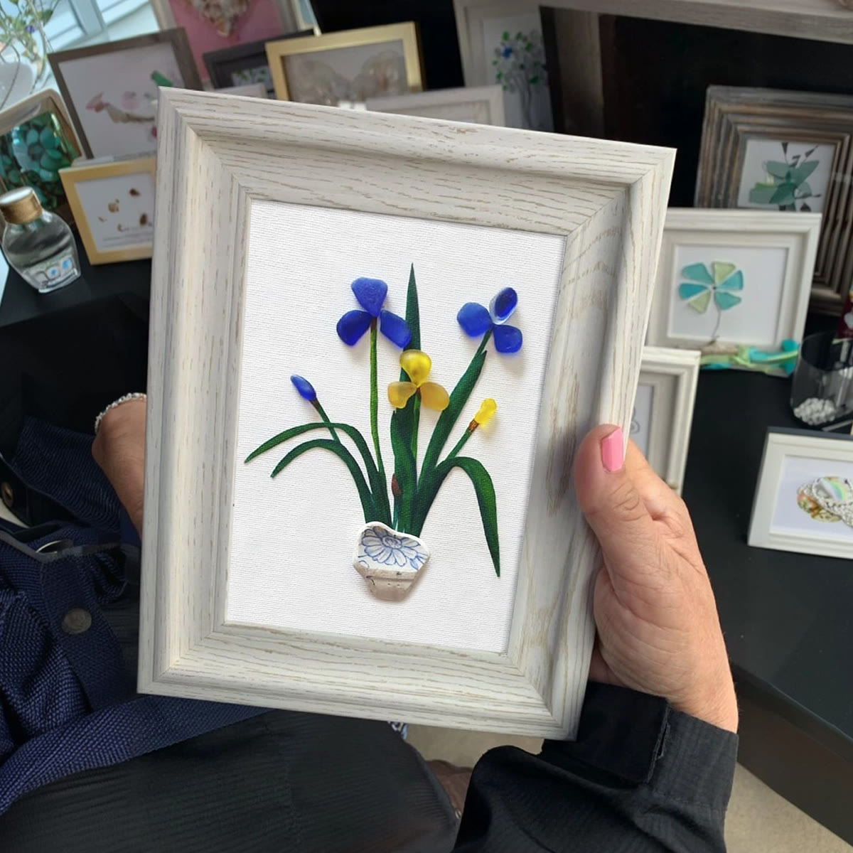 Blue & Yellow Iris Flower Sea Glass Framed Art - image 0