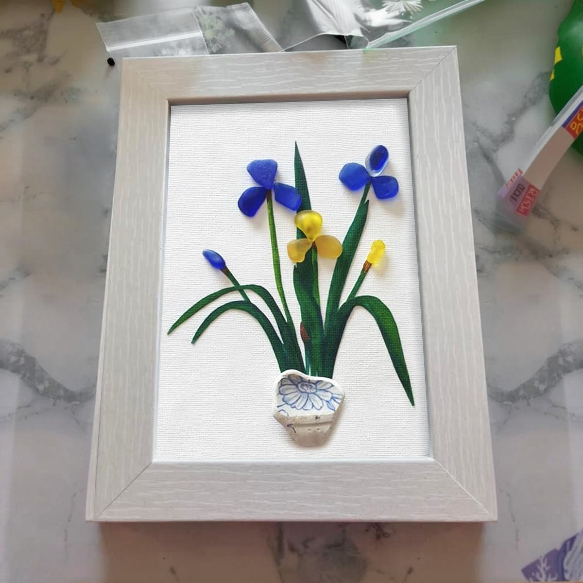 Blue & Yellow Iris Flower Sea Glass Framed Art - image 4