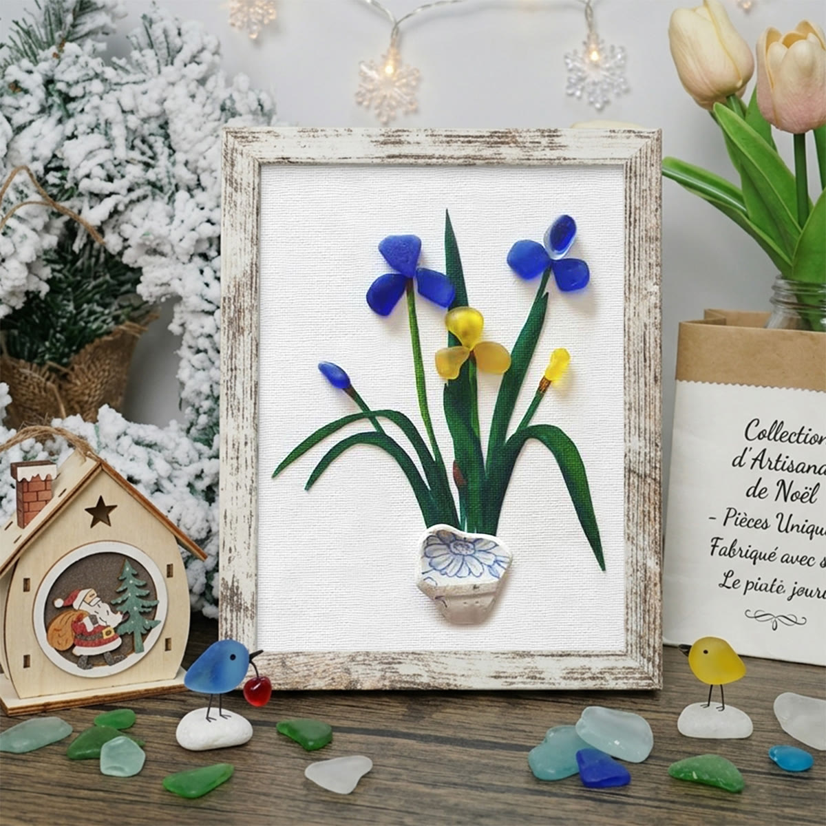 Blue & Yellow Iris Flower Sea Glass Framed Art - Retro White - 8" X 6" - image 10