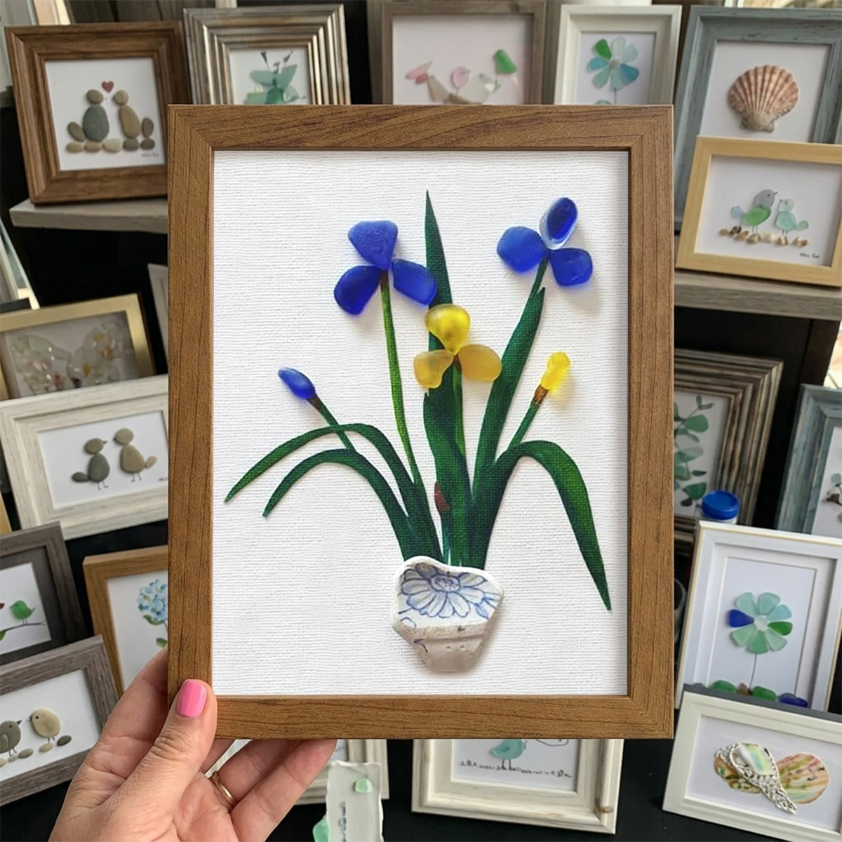 Blue & Yellow Iris Flower Sea Glass Framed Art - Walnut Brown - 8" X 6" - image 7