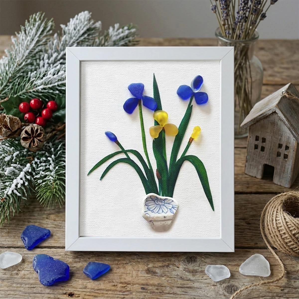 Blue & Yellow Iris Flower Sea Glass Framed Art - White - 8" X 6" - image 9