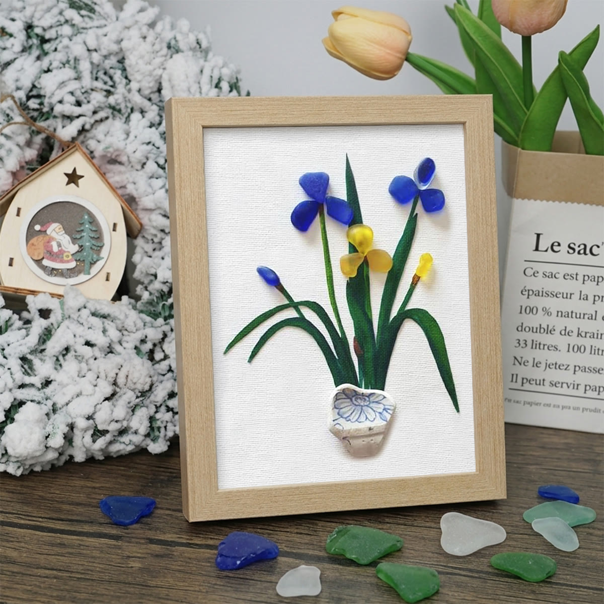 Blue & Yellow Iris Flower Sea Glass Framed Art - Oak - 8" X 6" - image 6