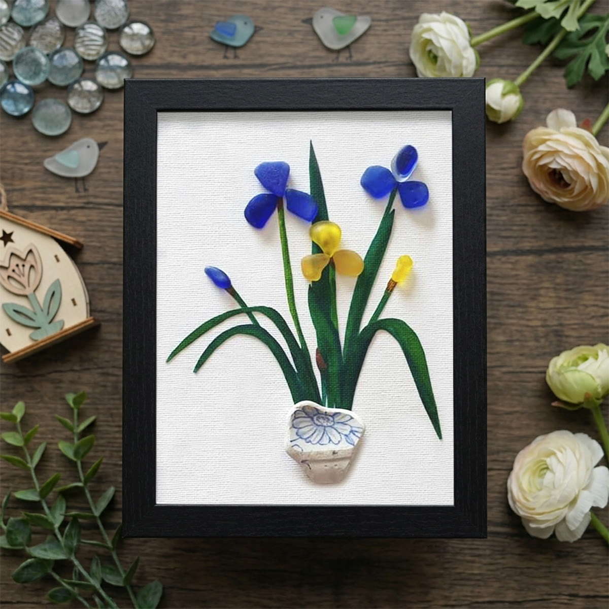 Blue & Yellow Iris Flower Sea Glass Framed Art - Black - 8" X 6" - image 8