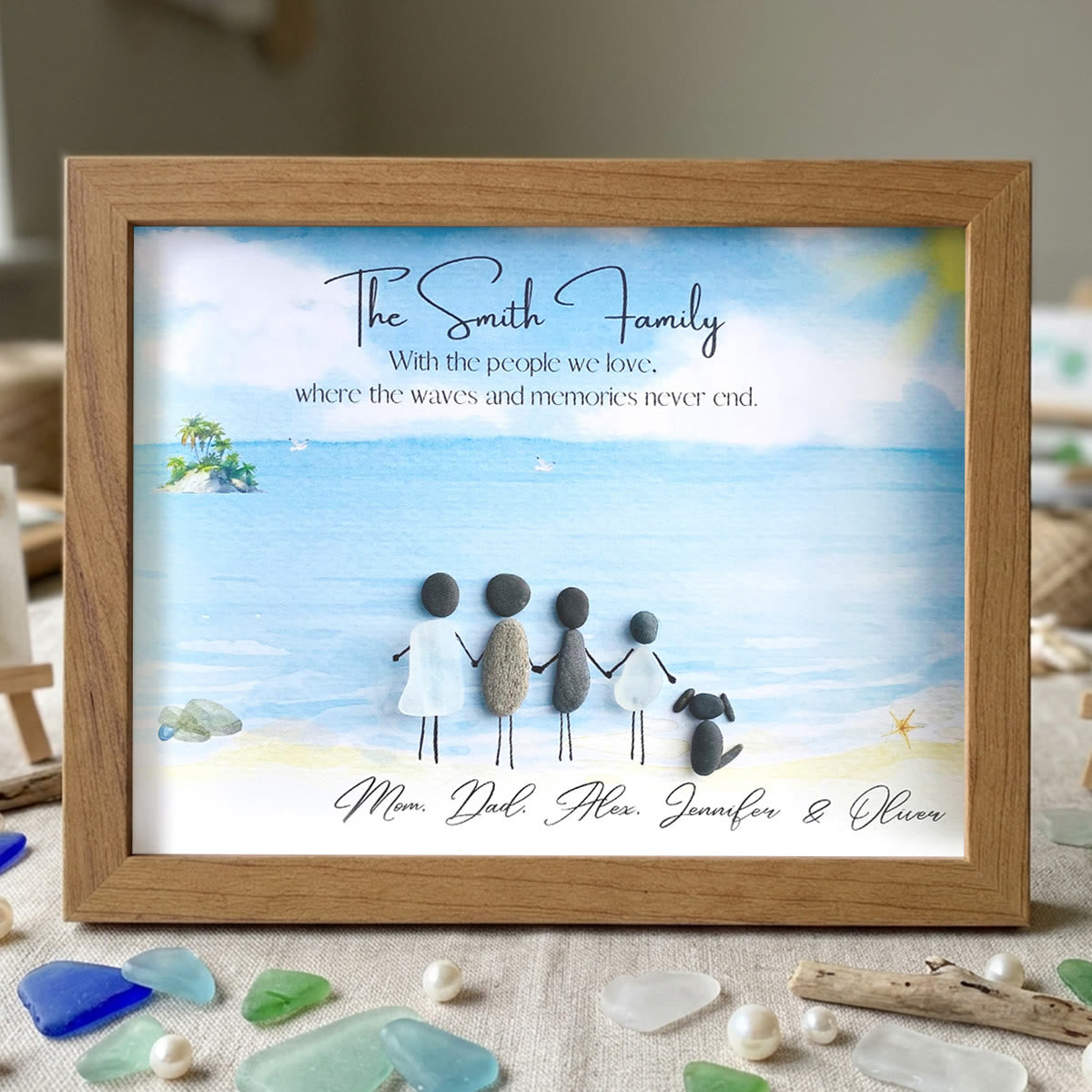 Beach Scene Personalized Family Name Sea Glass Framed Art - Walnut Brown - 6" X 8" - image 8