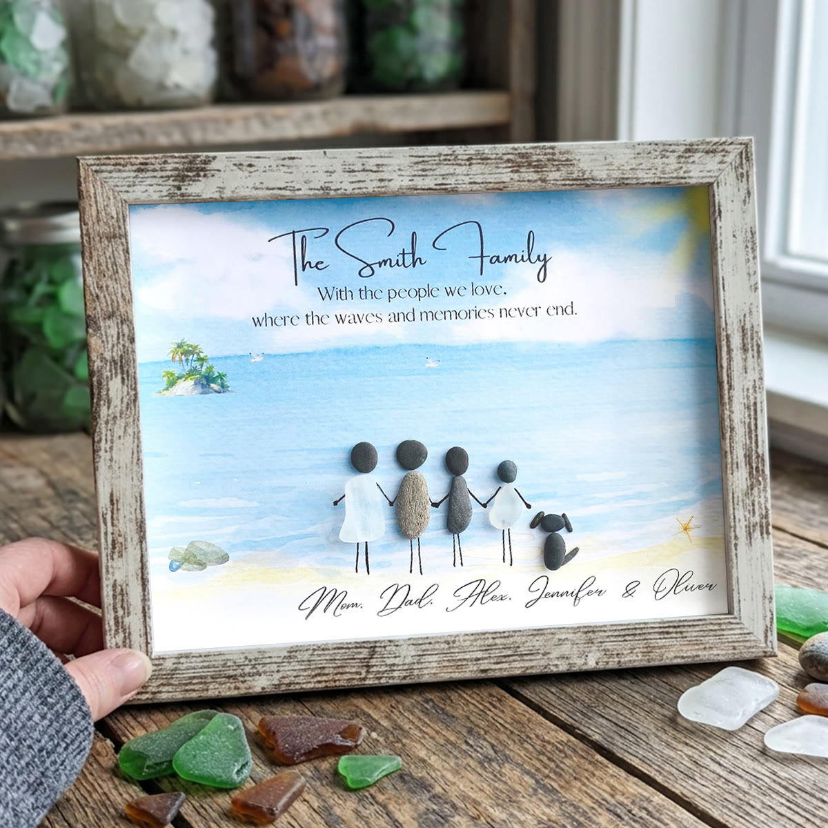 Beach Scene Personalized Family Name Sea Glass Framed Art - Retro White - 6" X 8" - image 11