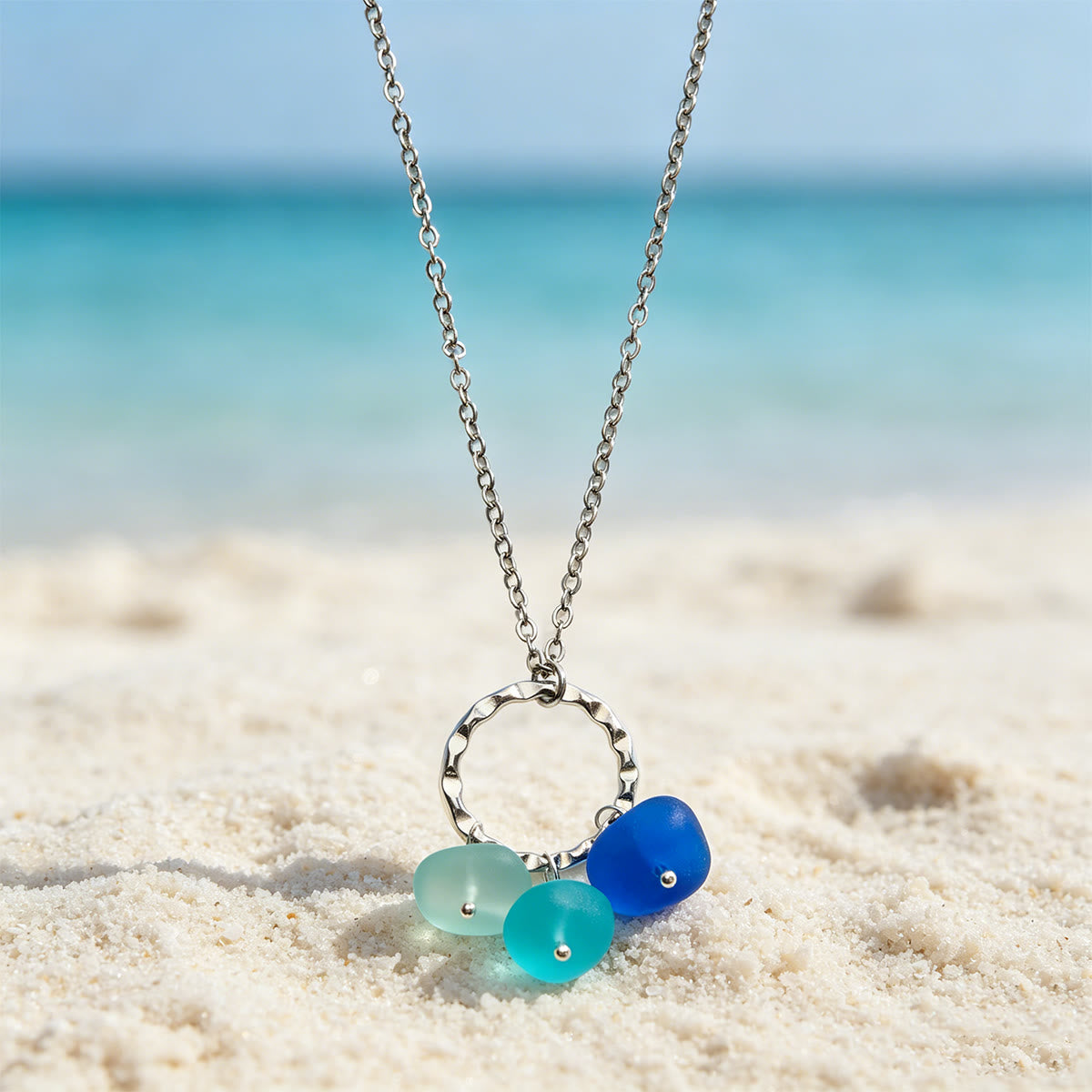 Trio Pendant & Hammered Circle Sea Glass Necklace - Silver - image 0