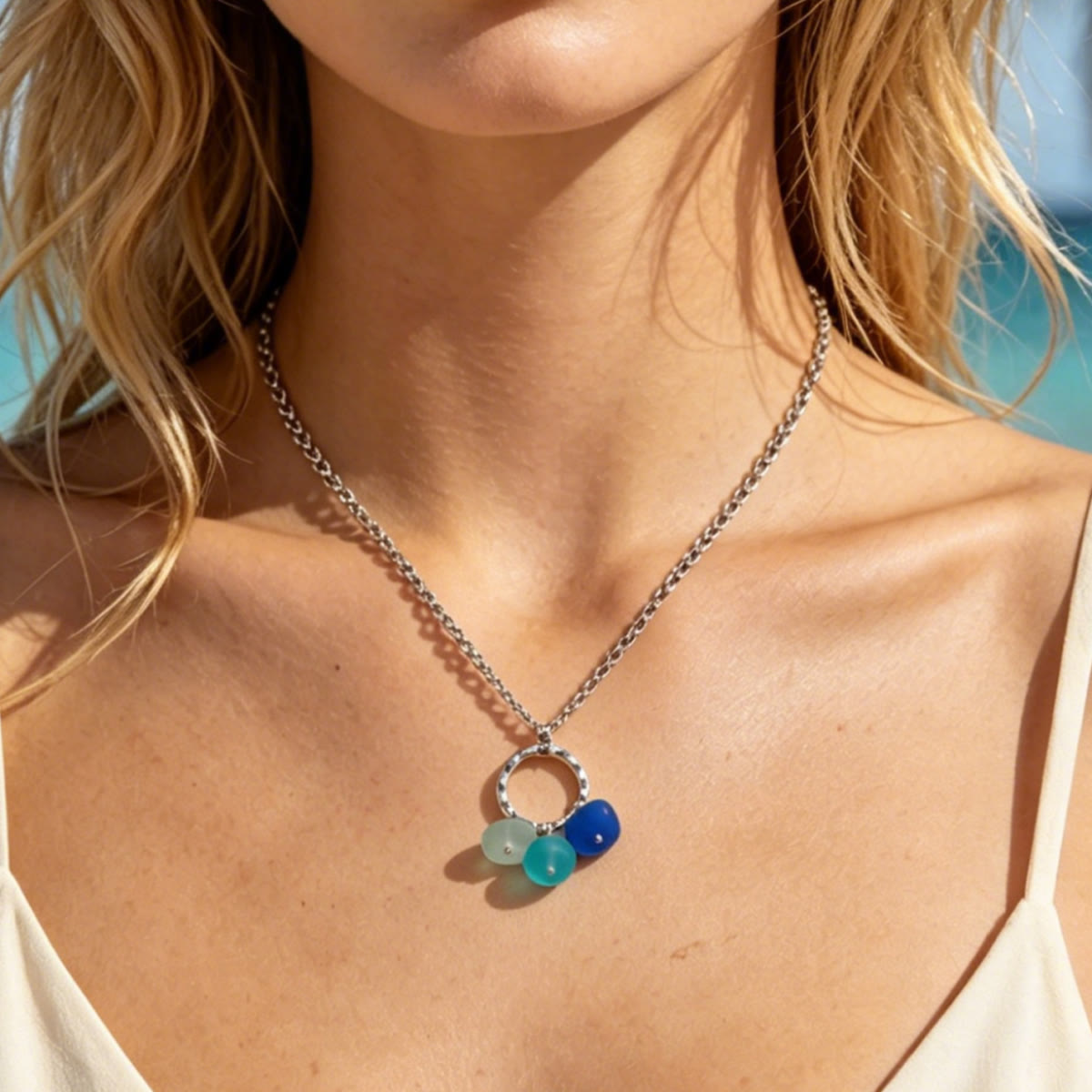 Trio Pendant & Hammered Circle Sea Glass Necklace - image 4