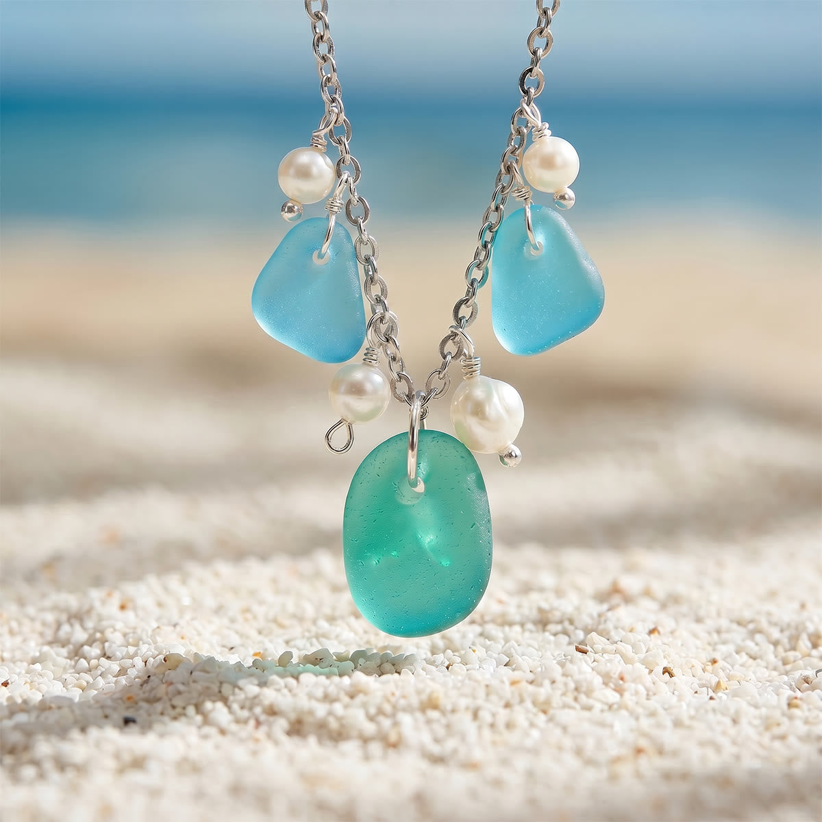 Ethereal Aqua & Sage Sea Glass Teardrop Necklace - image 5