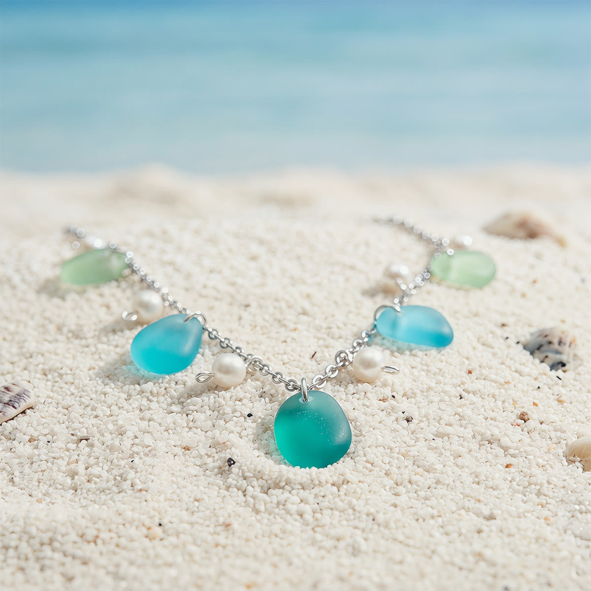 Ethereal Aqua & Sage Sea Glass Teardrop Necklace - image 1
