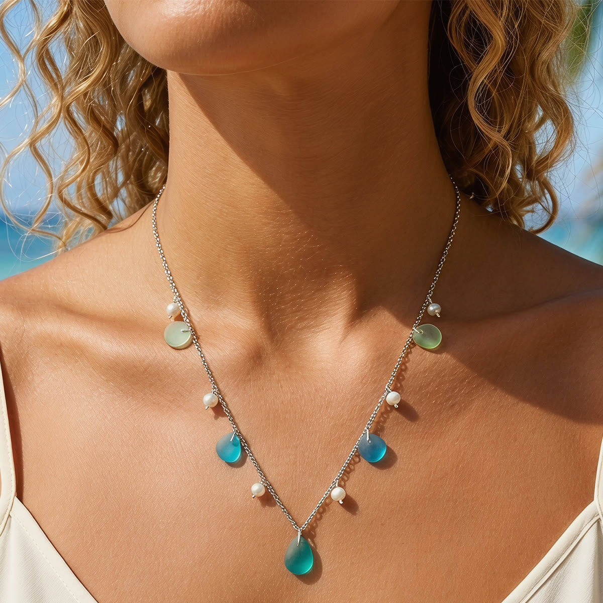 Ethereal Aqua & Sage Sea Glass Teardrop Necklace - Silver - image 0