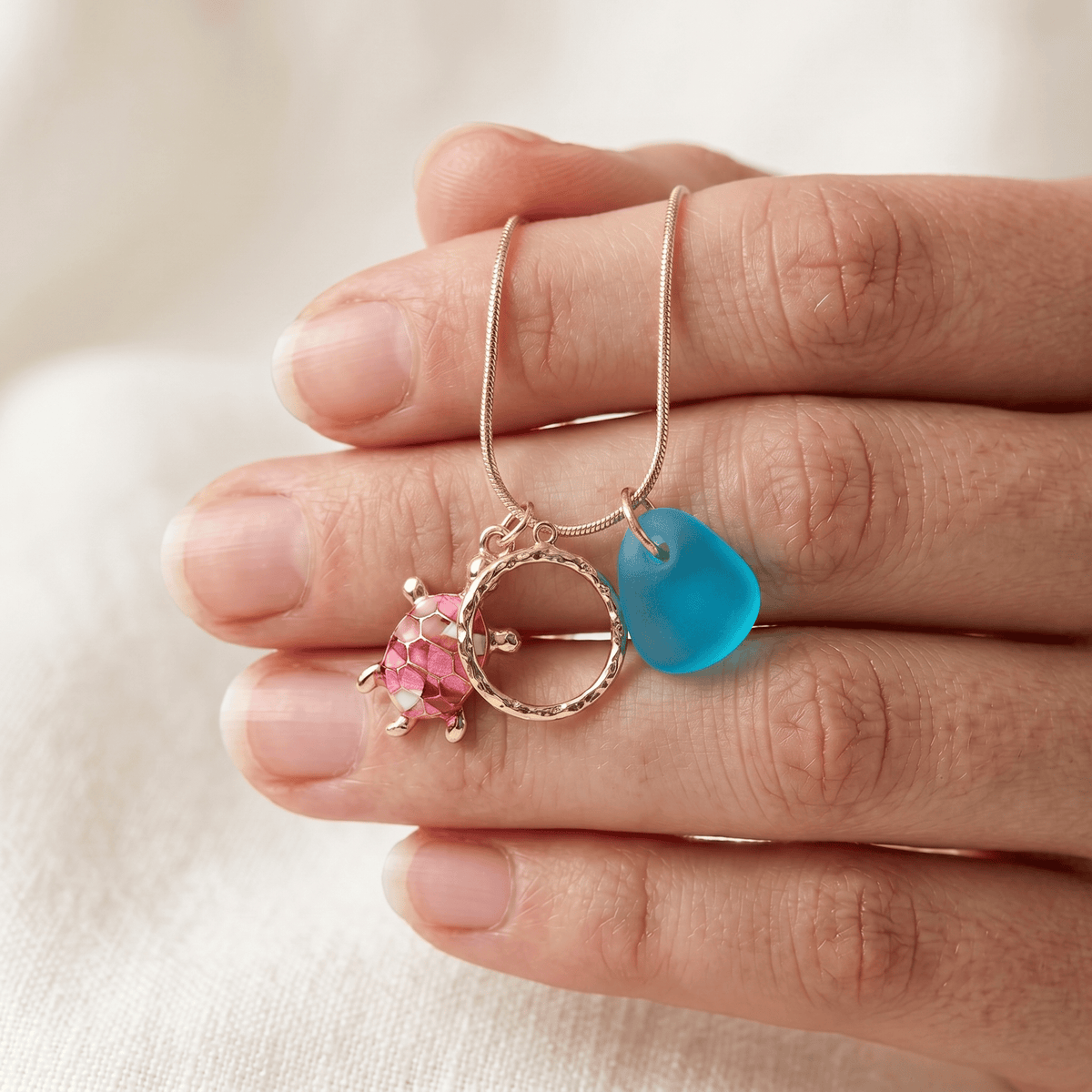 Azure Tide Turtle & Eternity Circle Pendant Sea Glass Necklace - image 6