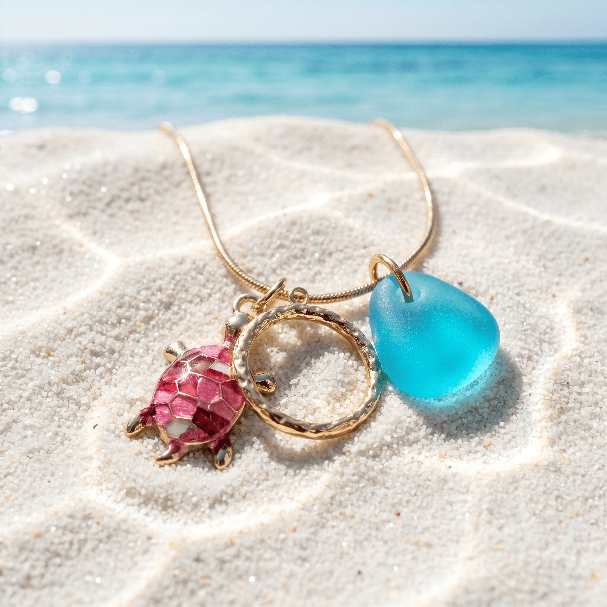 Azure Tide Turtle & Eternity Circle Pendant Sea Glass Necklace - image 3