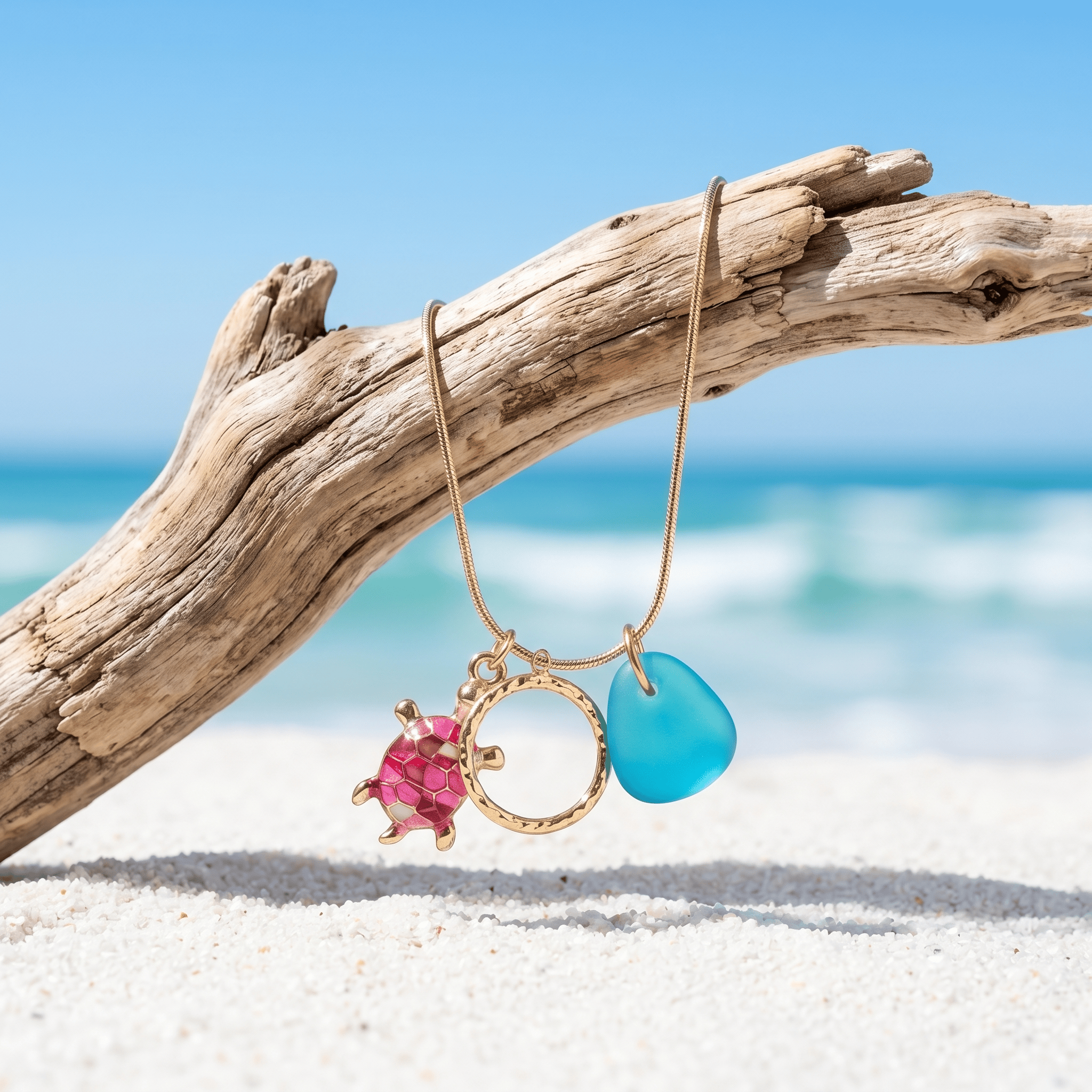 Azure Tide Turtle & Eternity Circle Pendant Sea Glass Necklace - Gold - image 0
