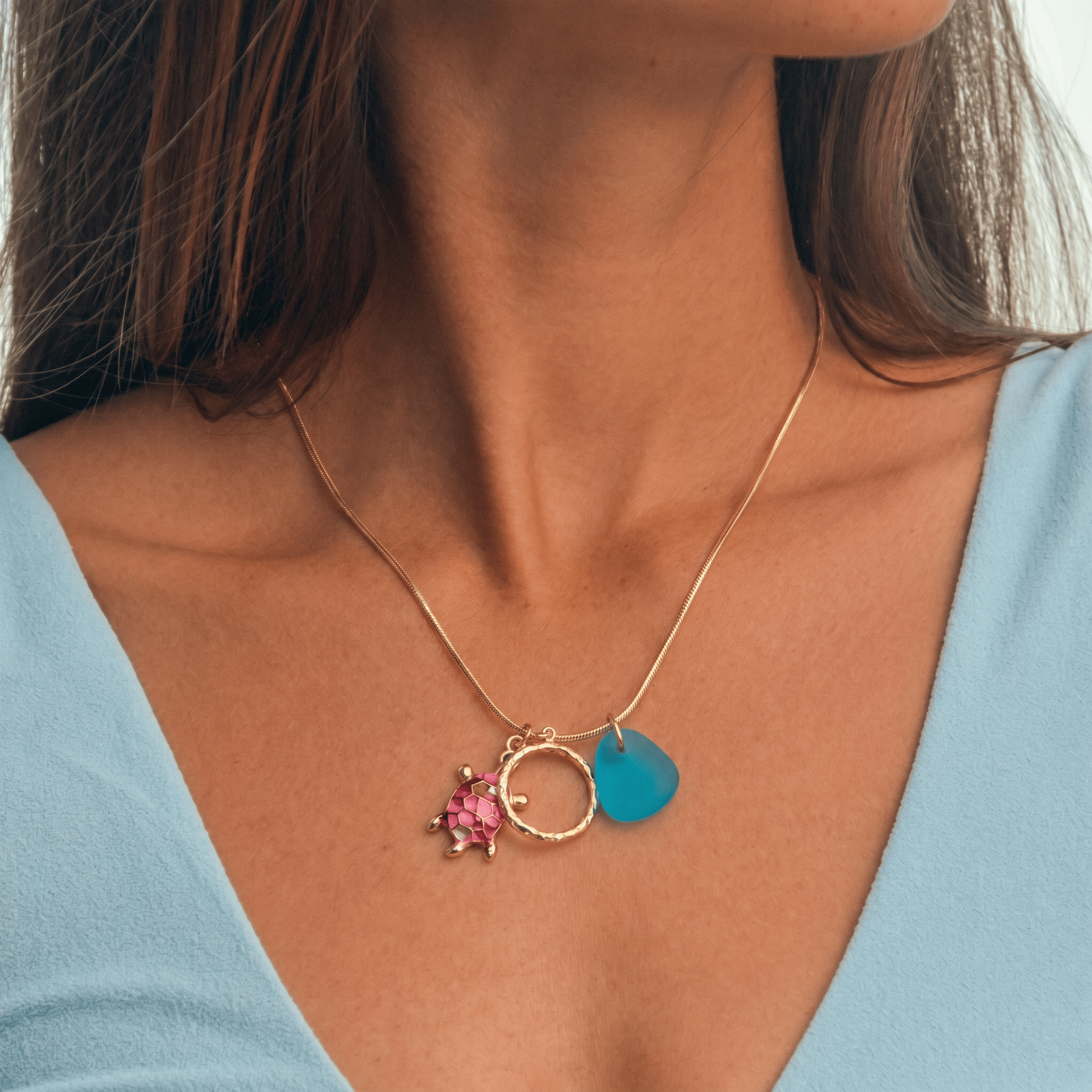 Azure Tide Turtle & Eternity Circle Pendant Sea Glass Necklace - image 1