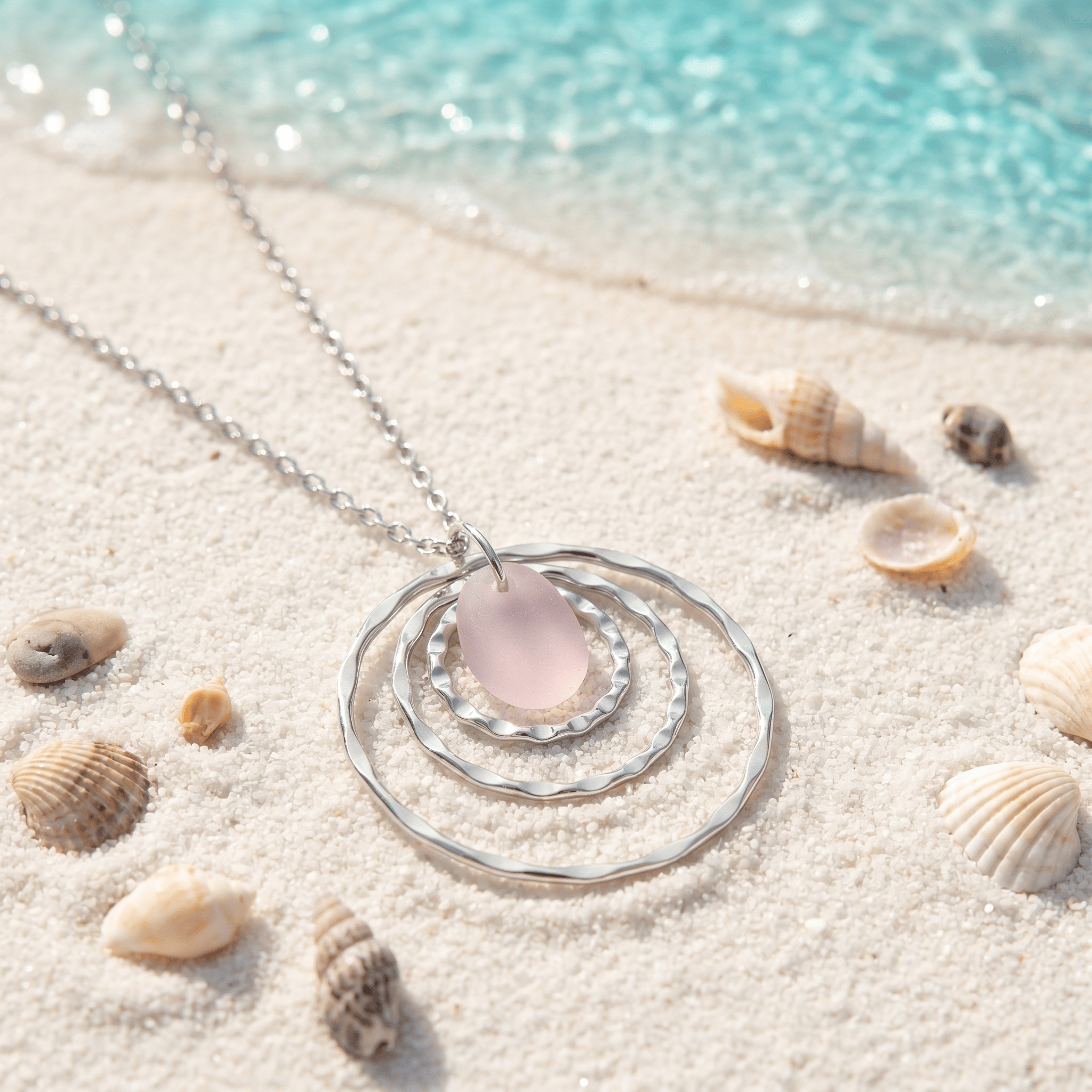 Blush Sea Glass Triple Circle Ripple Pendant Necklace - Silver - image 0