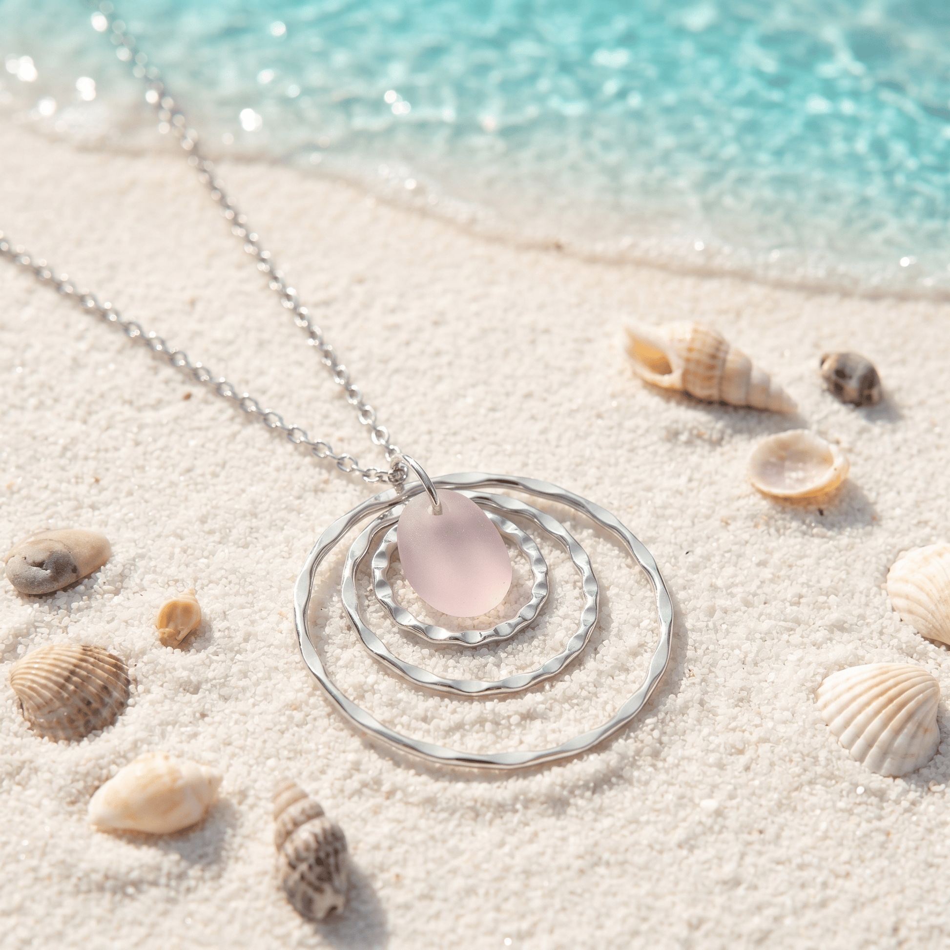 Blush Sea Glass Triple Circle Ripple Pendant Necklace - Silver - image 0