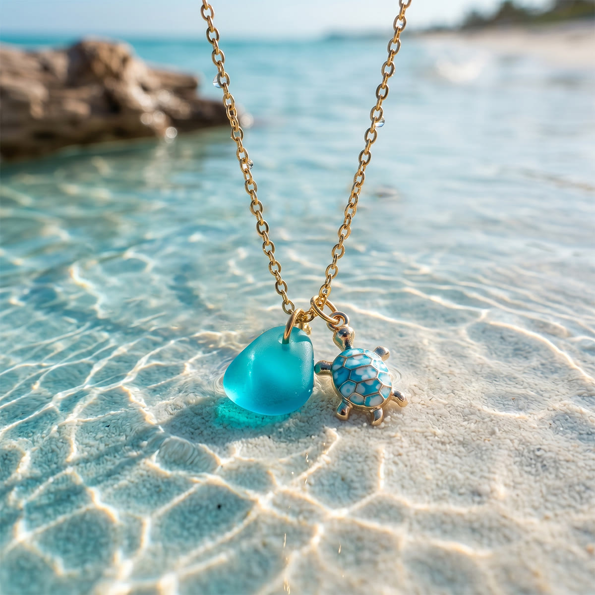 Good Luck Turtle Ocean Aqua Blue Sea Glass Necklace - image 3