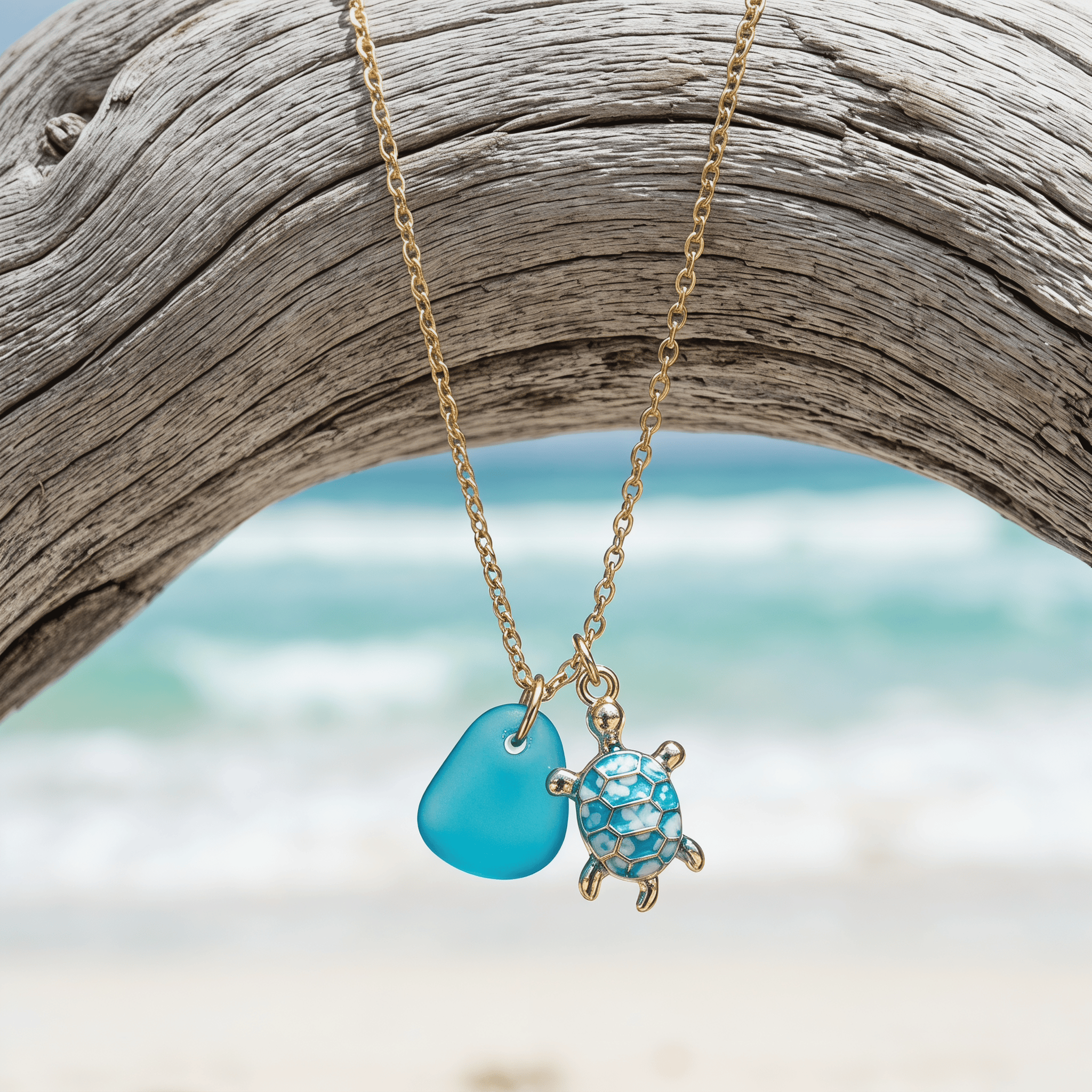 Good Luck Turtle Ocean Aqua Blue Sea Glass Necklace - Gold - image 0