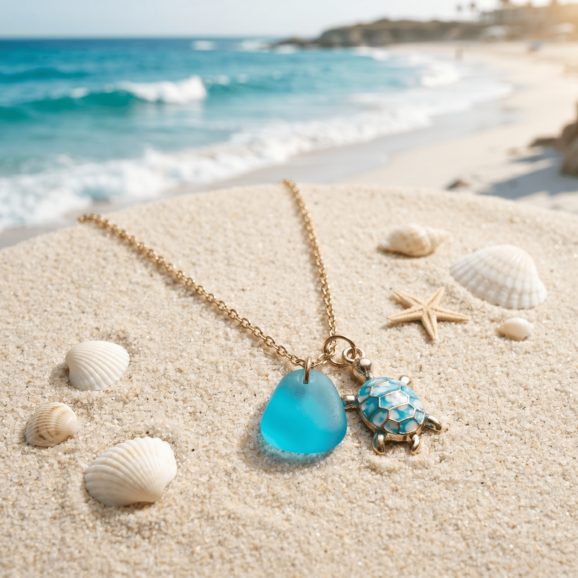 Good Luck Turtle Ocean Aqua Blue Sea Glass Necklace - image 4
