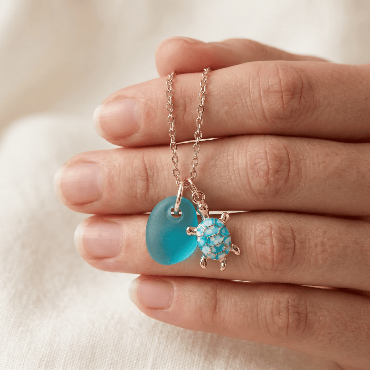 Good Luck Turtle Ocean Aqua Blue Sea Glass Necklace - image 6
