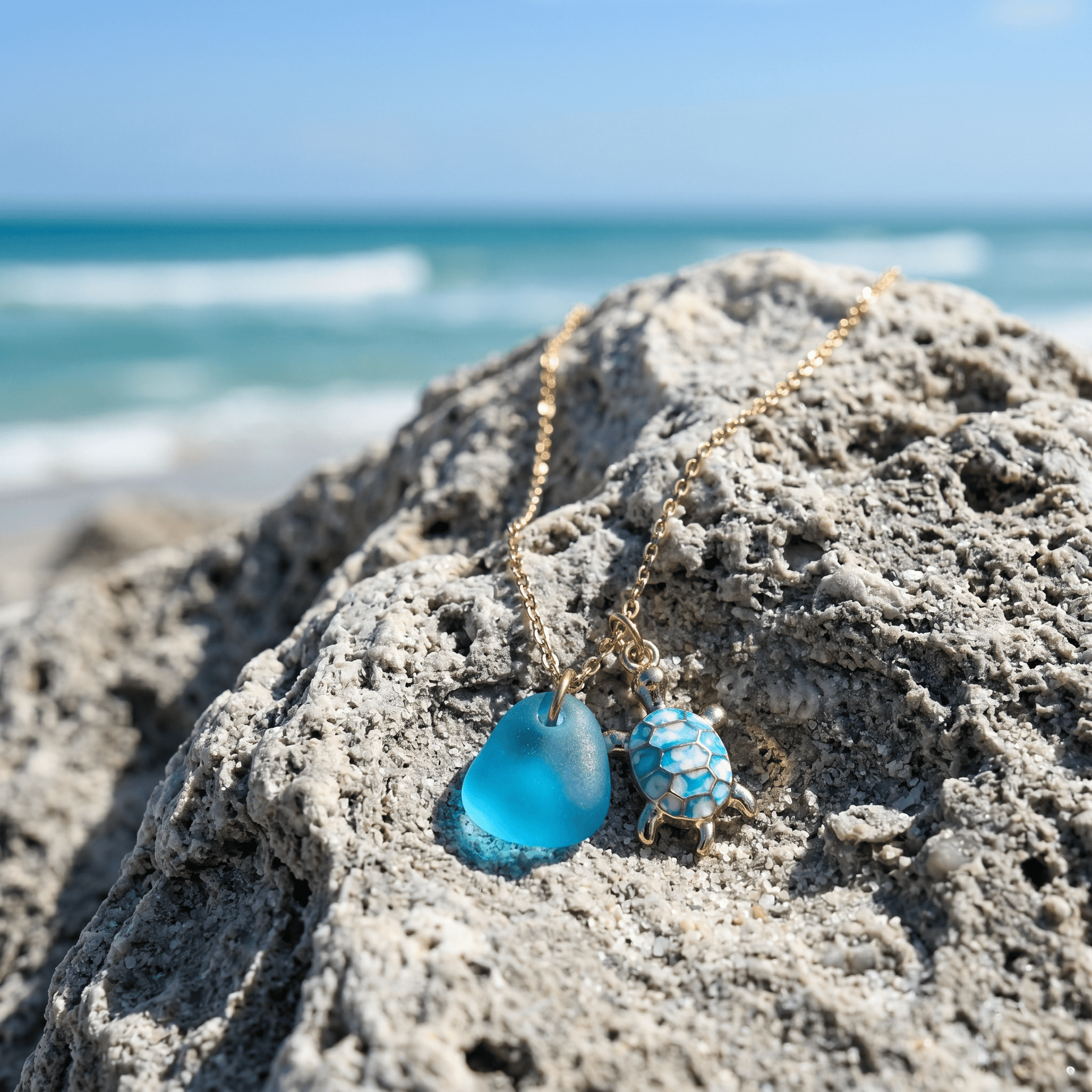 Good Luck Turtle Ocean Aqua Blue Sea Glass Necklace - image 6