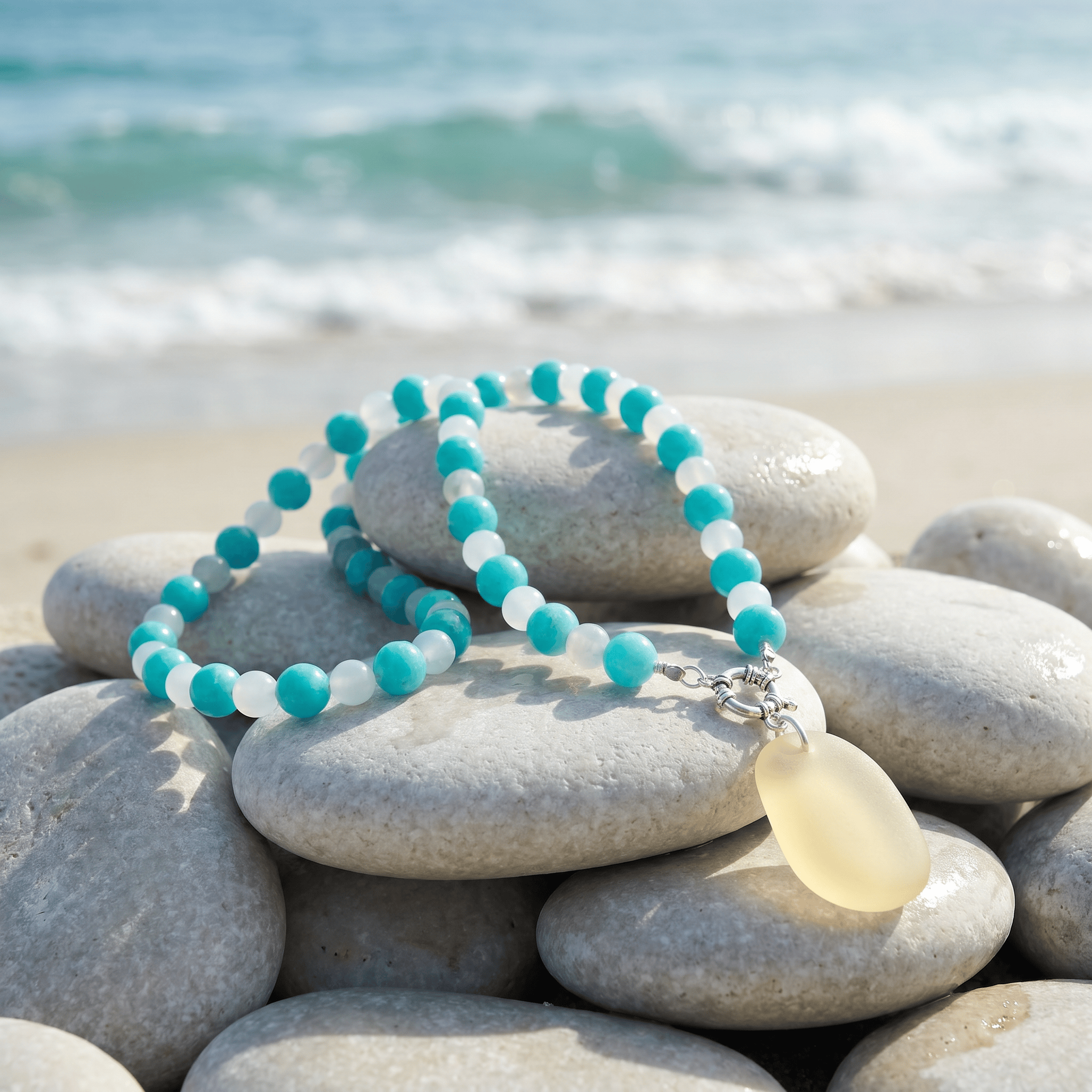 Aqua & White Stone Beaded Necklace With Sea Glass Charm - Blue & White - image 0