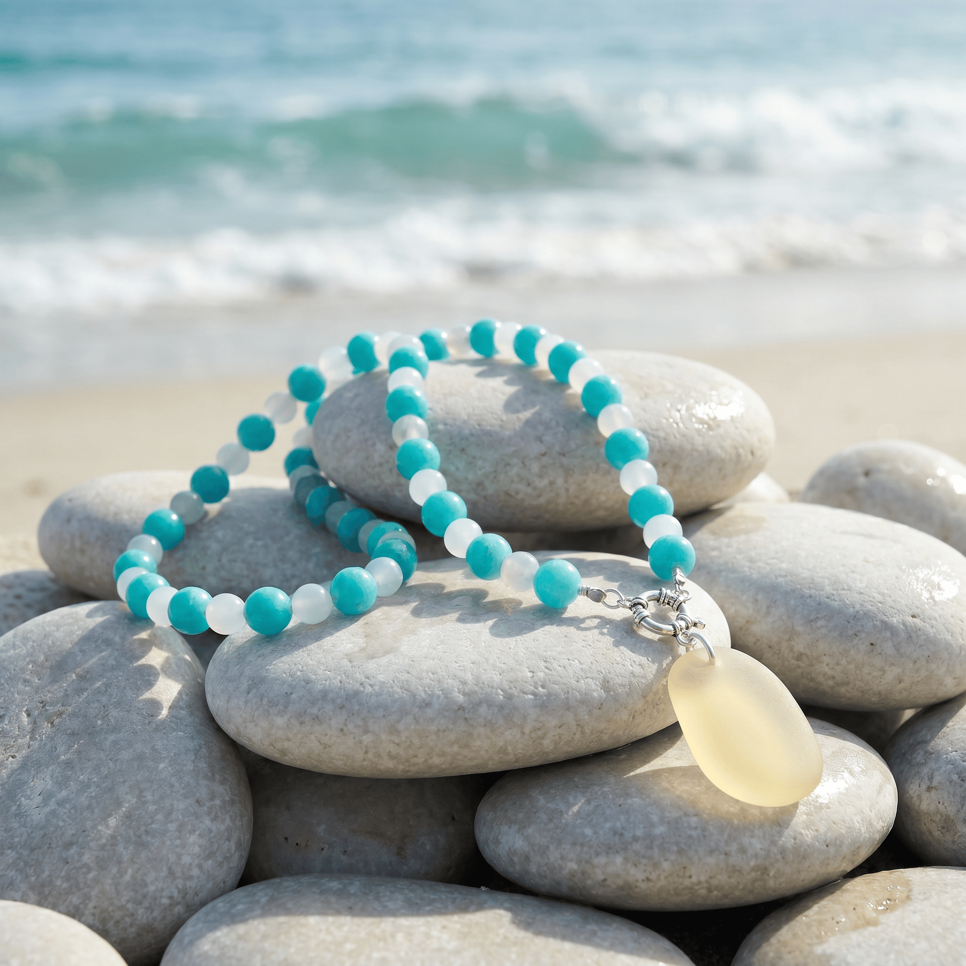 Aqua & White Stone Beaded Necklace With Sea Glass Charm - Blue & White - image 0