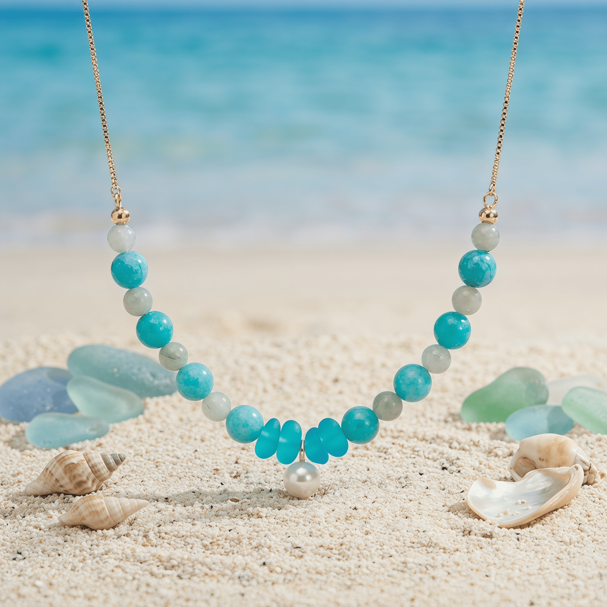 Mermaid's Pearl Treasure Ocean Blue Sea Glass Necklace - Gold & Blue - image 0