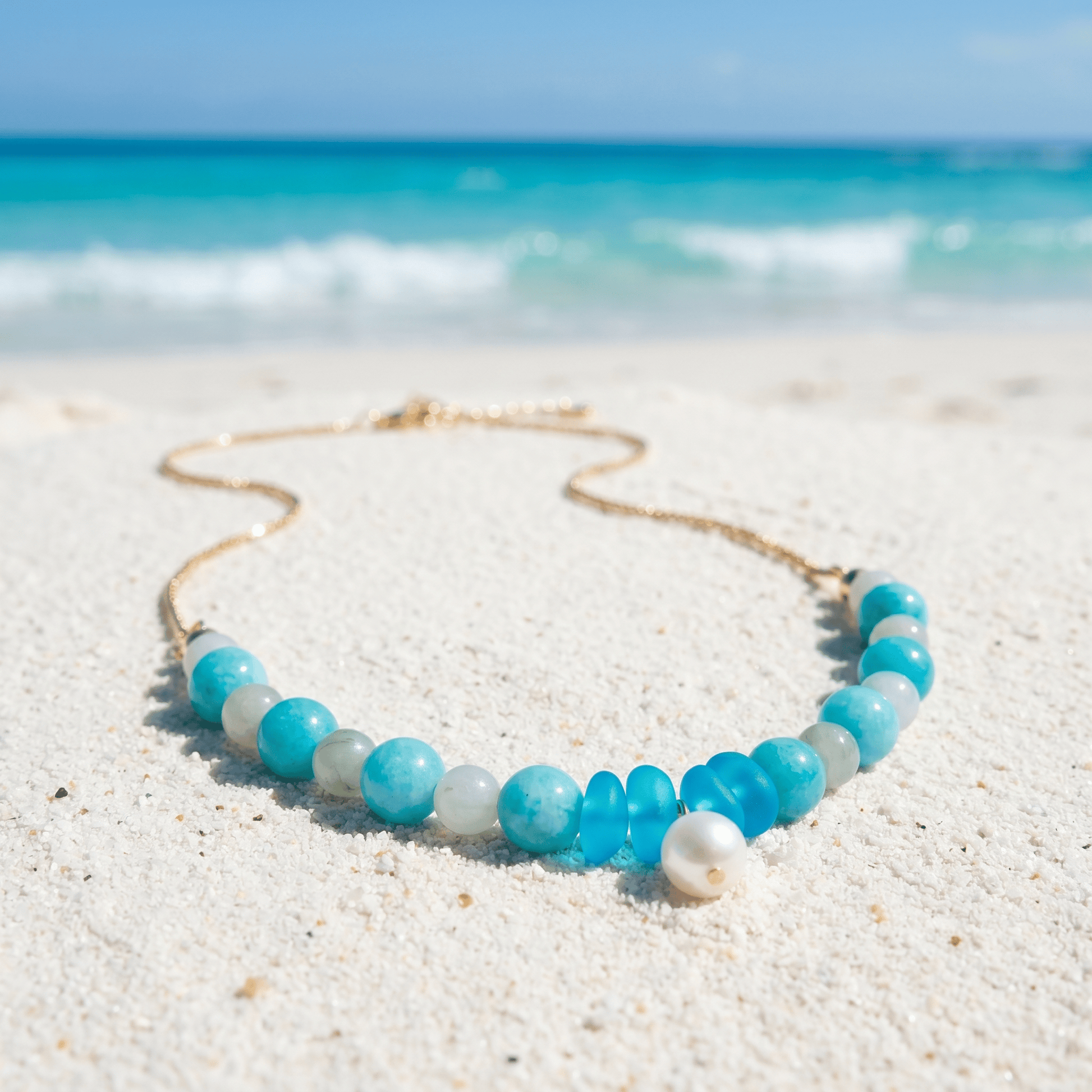 Mermaid's Pearl Treasure Ocean Blue Sea Glass Necklace - image 4