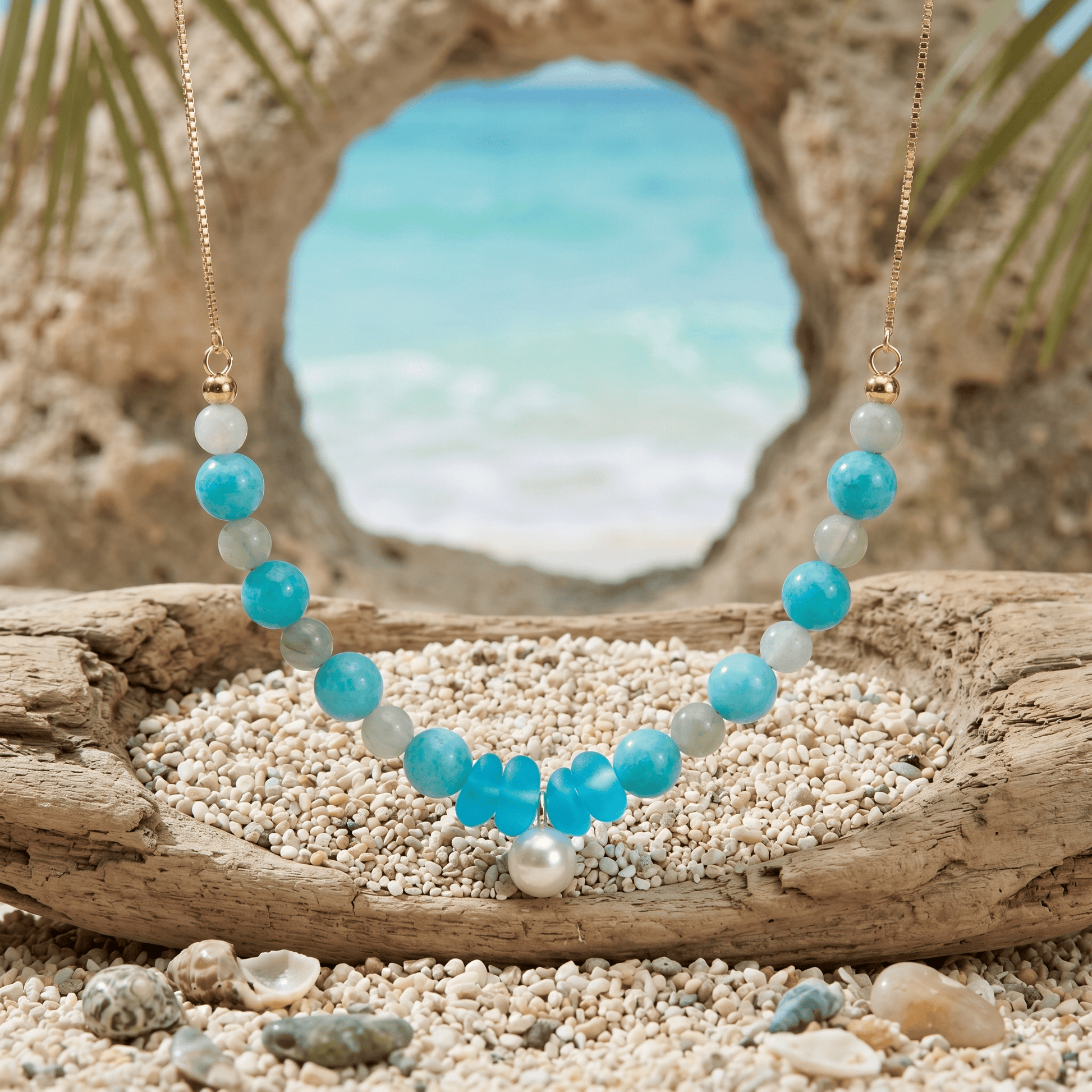 Mermaid's Pearl Treasure Ocean Blue Sea Glass Necklace - image 5