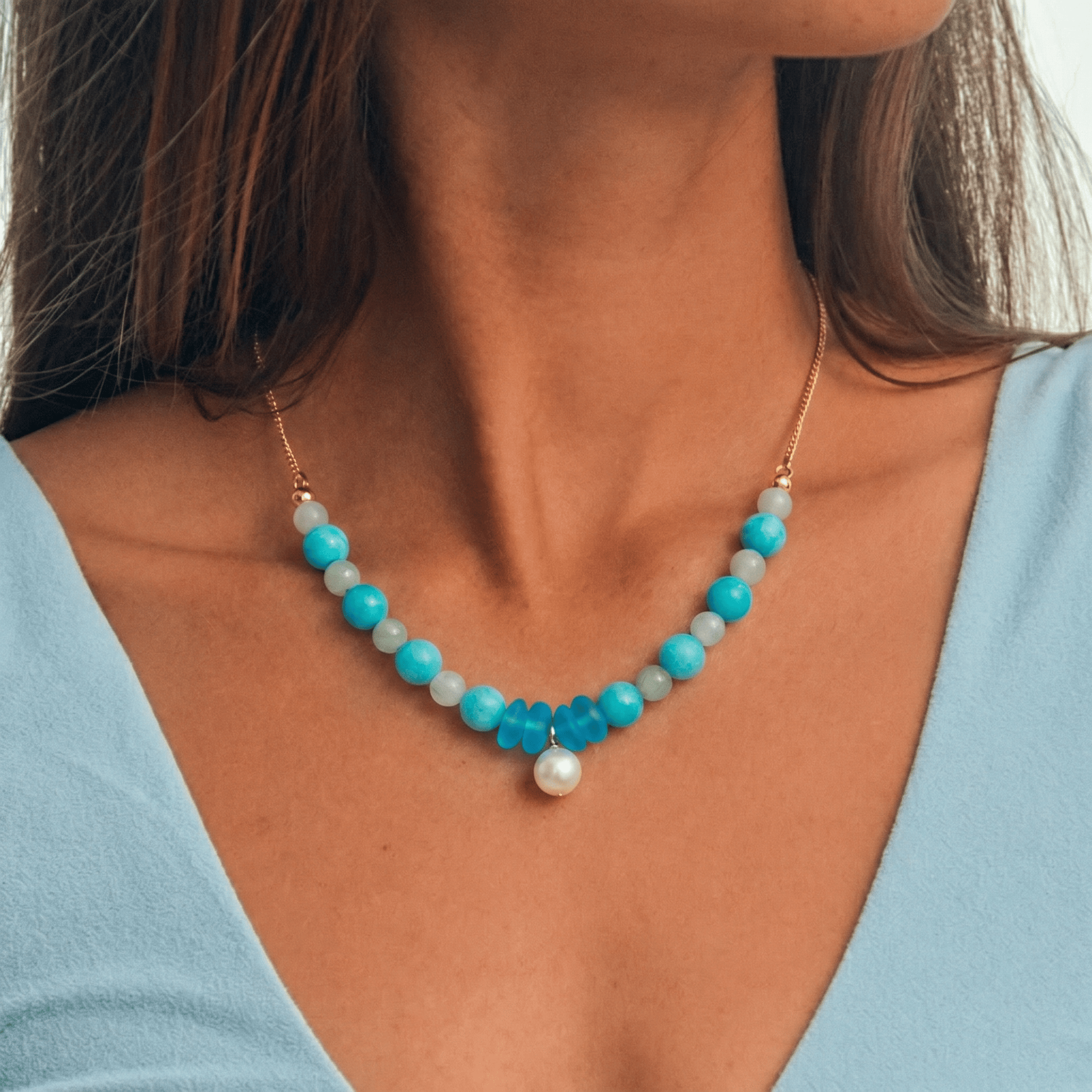 Mermaid's Pearl Treasure Ocean Blue Sea Glass Necklace - image 1