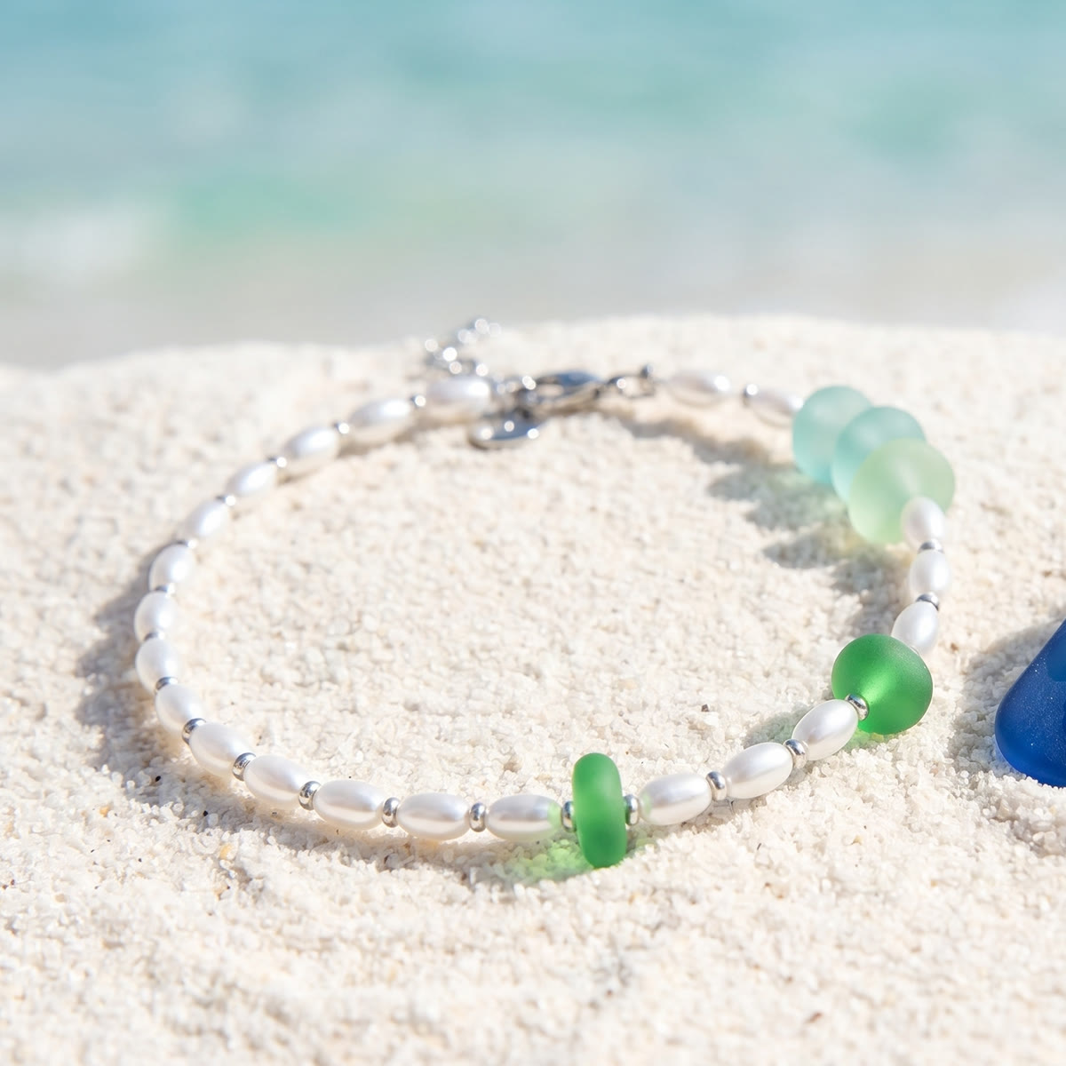 Rare Green Sea Glass & Freshwater Pearl Bracelet - image 4