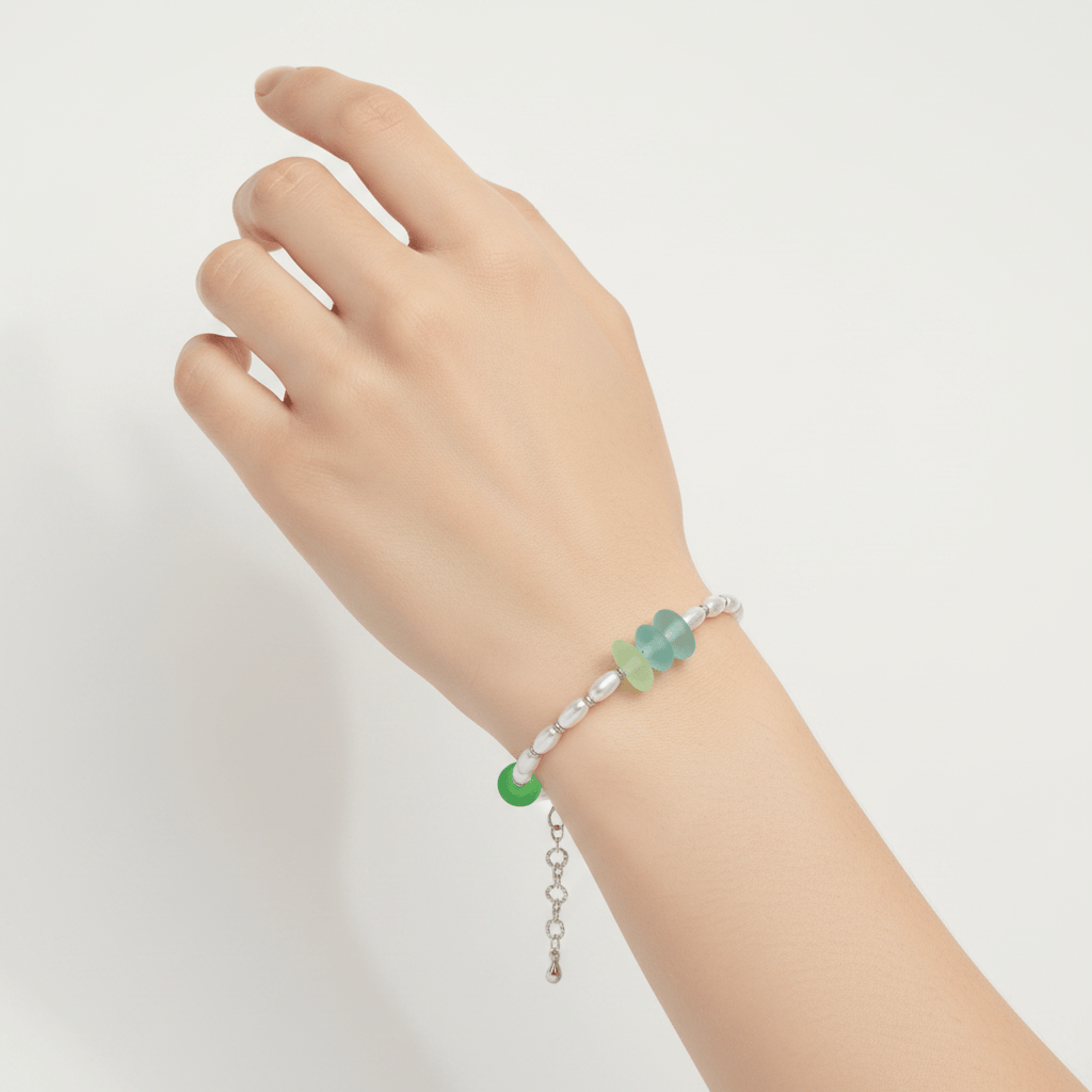 Rare Green Sea Glass & Freshwater Pearl Bracelet - image 1
