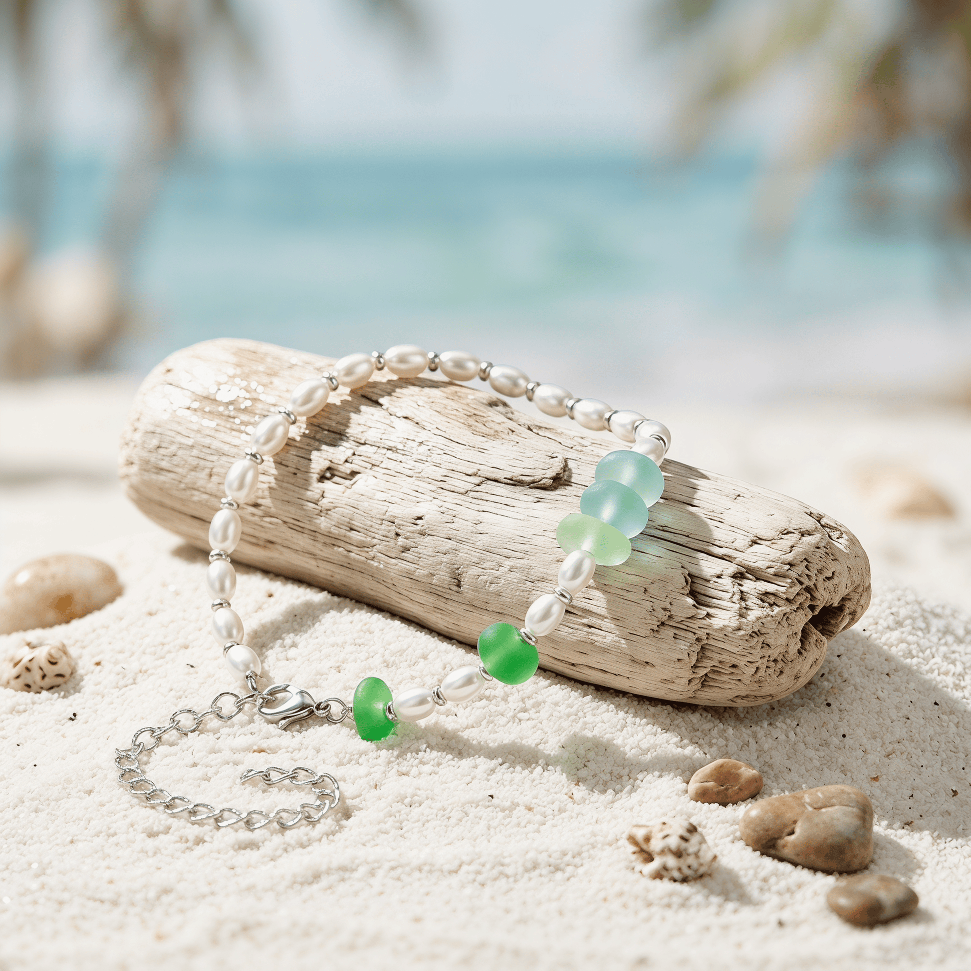Rare Green Sea Glass & Freshwater Pearl Bracelet - image 3