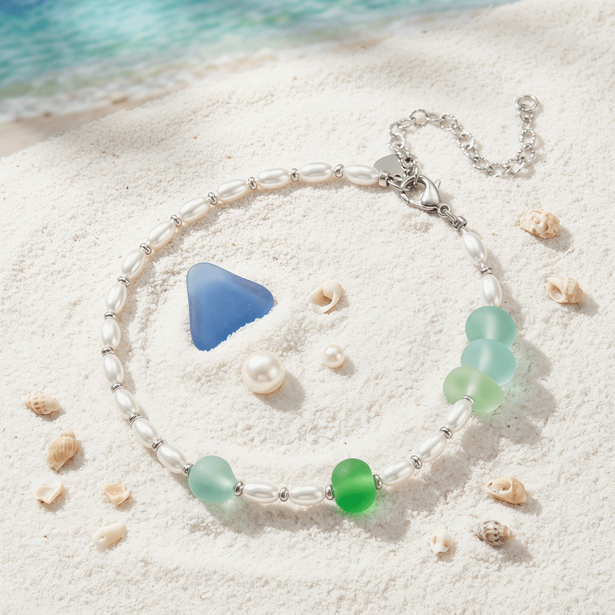 Rare Green Sea Glass & Freshwater Pearl Bracelet - Silver - image 0